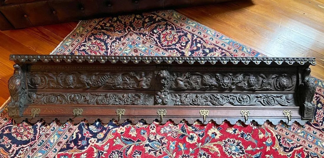Antique Large French Heavily Carved Oak Coat Rack - 13