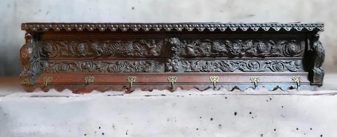 Antique Large French Heavily Carved Oak Coat Rack - 2