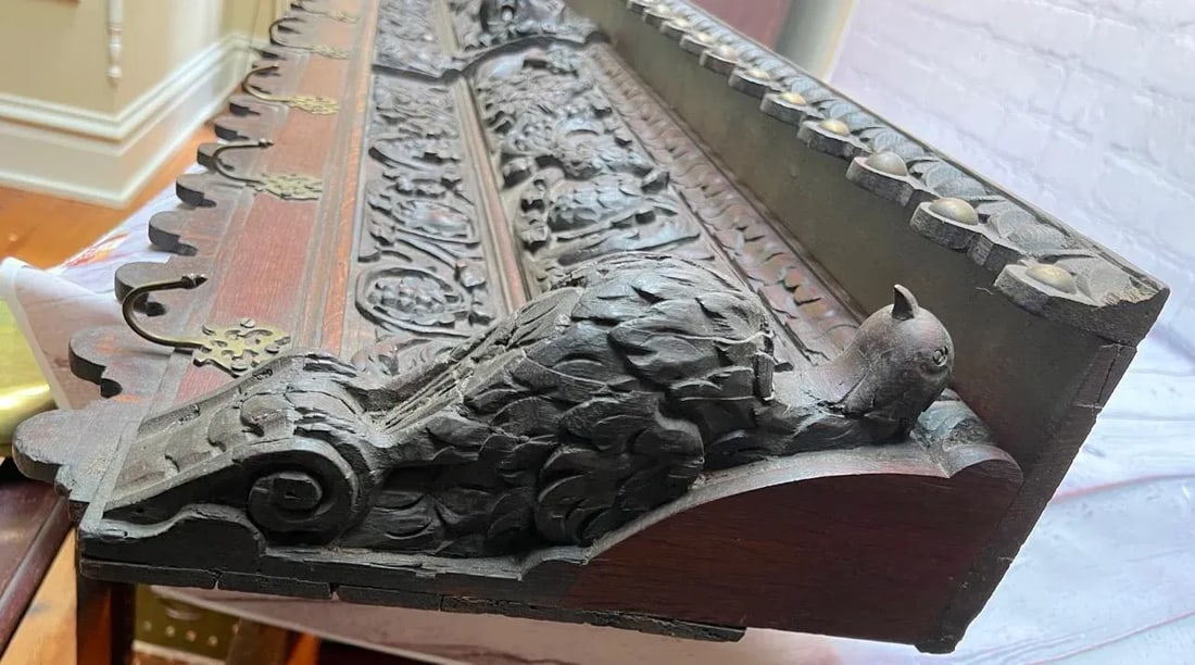 Antique Large French Heavily Carved Oak Coat Rack - 8