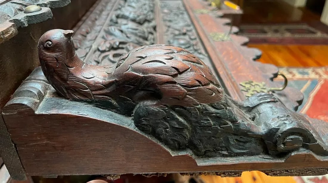 Antique Large French Heavily Carved Oak Coat Rack - 9