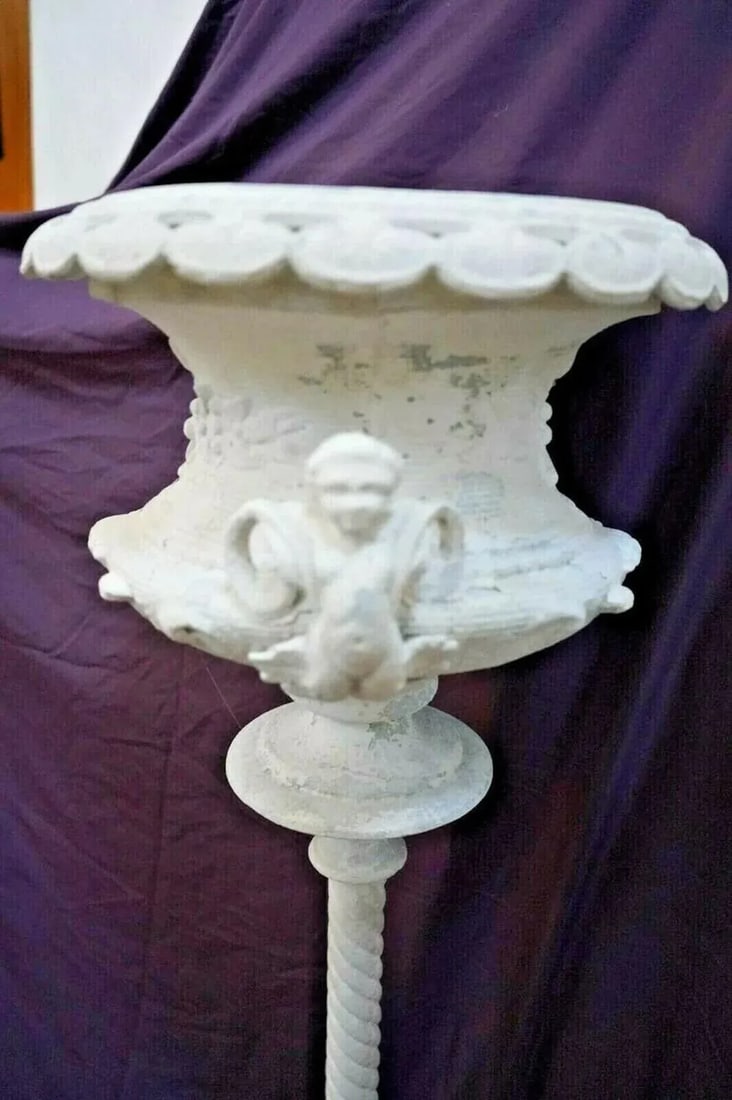 Vintage Angel Plant Stand Tall Solid Cast Aluminum Italian Style Tall Jardiniere - 3