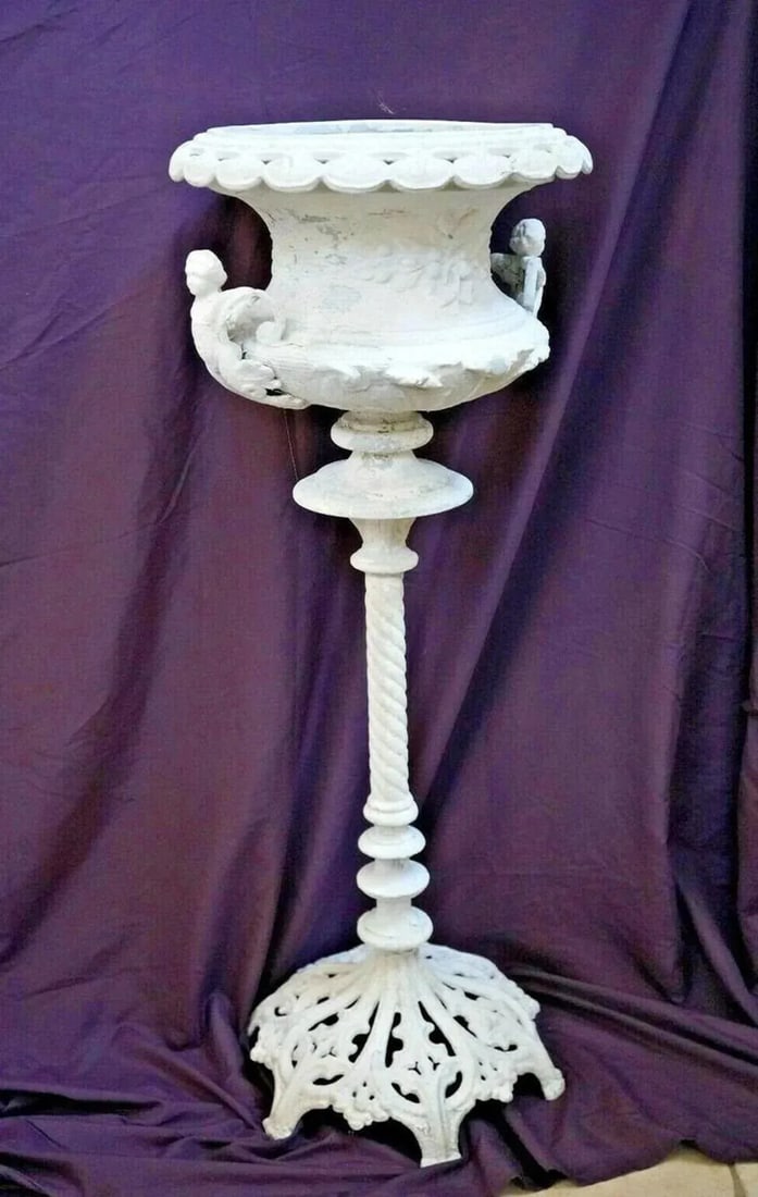 Vintage Angel Plant Stand Tall Solid Cast Aluminum Italian Style Tall Jardiniere - 6