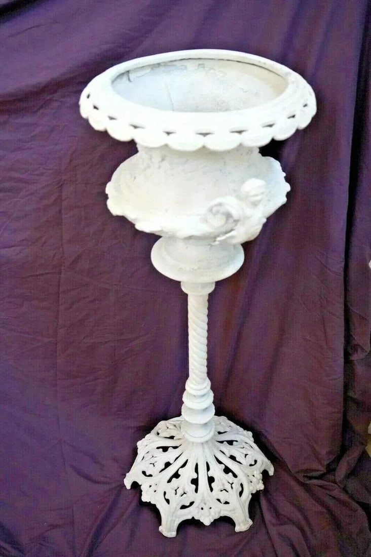 Vintage Angel Plant Stand Tall Solid Cast Aluminum Italian Style Tall Jardiniere - 7