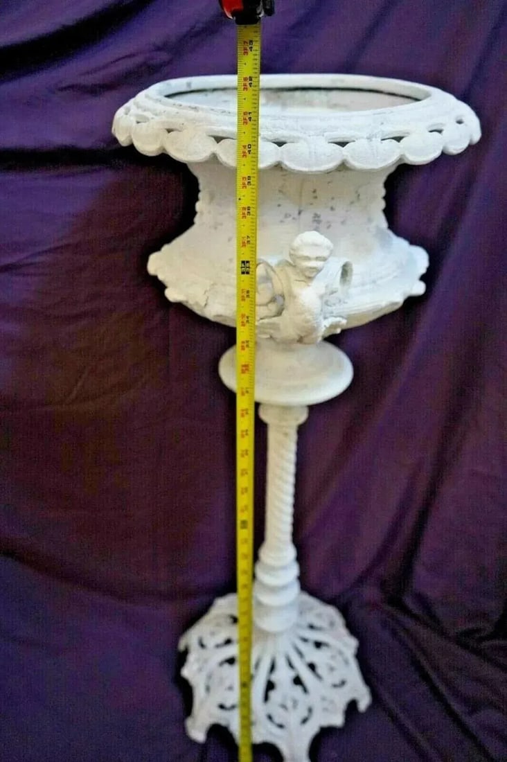 Vintage Angel Plant Stand Tall Solid Cast Aluminum Italian Style Tall Jardiniere - 9