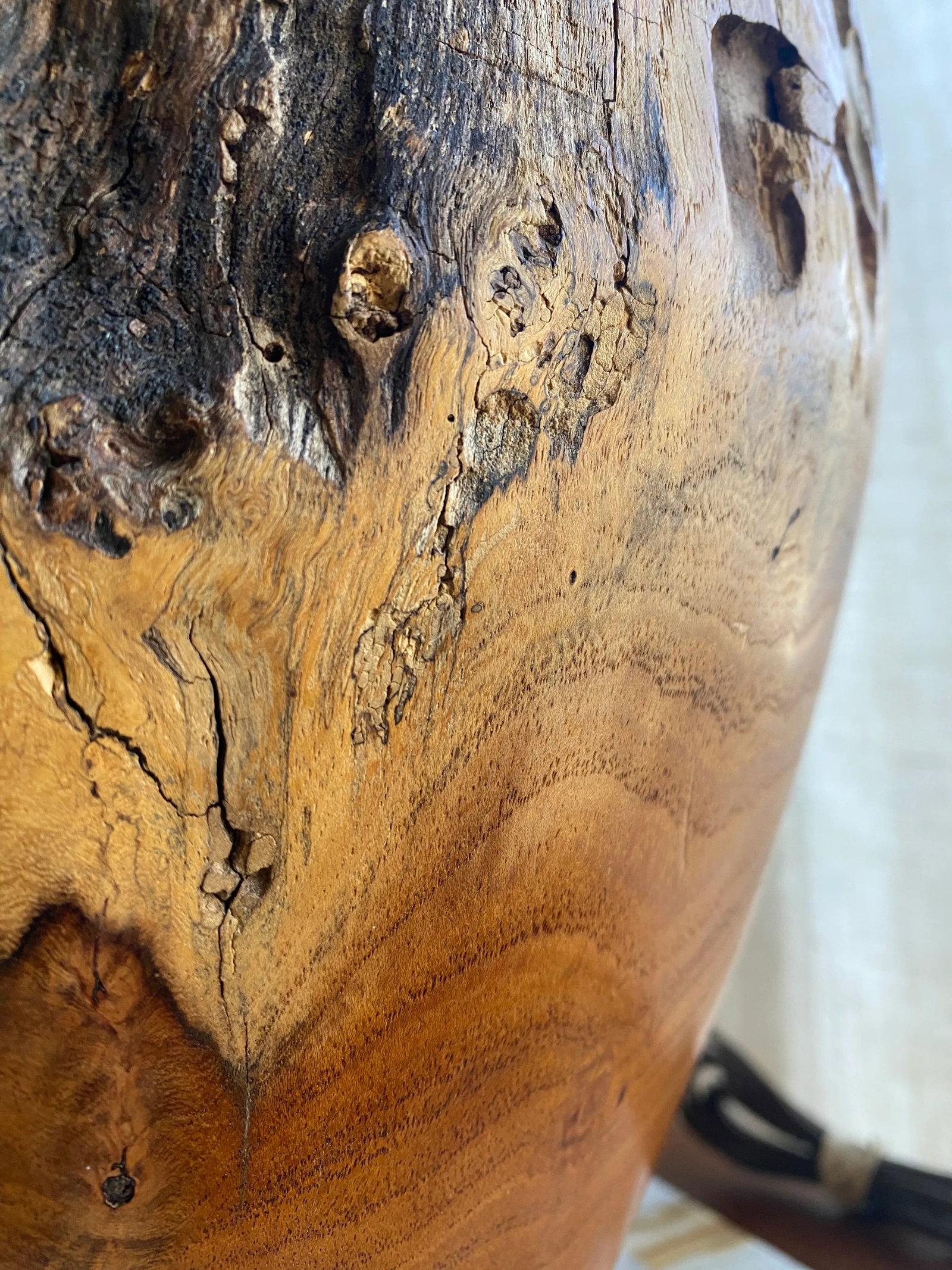 Organic Modern Turned Burl Hardwood Lamp With Woven Wicker Shade - 10
