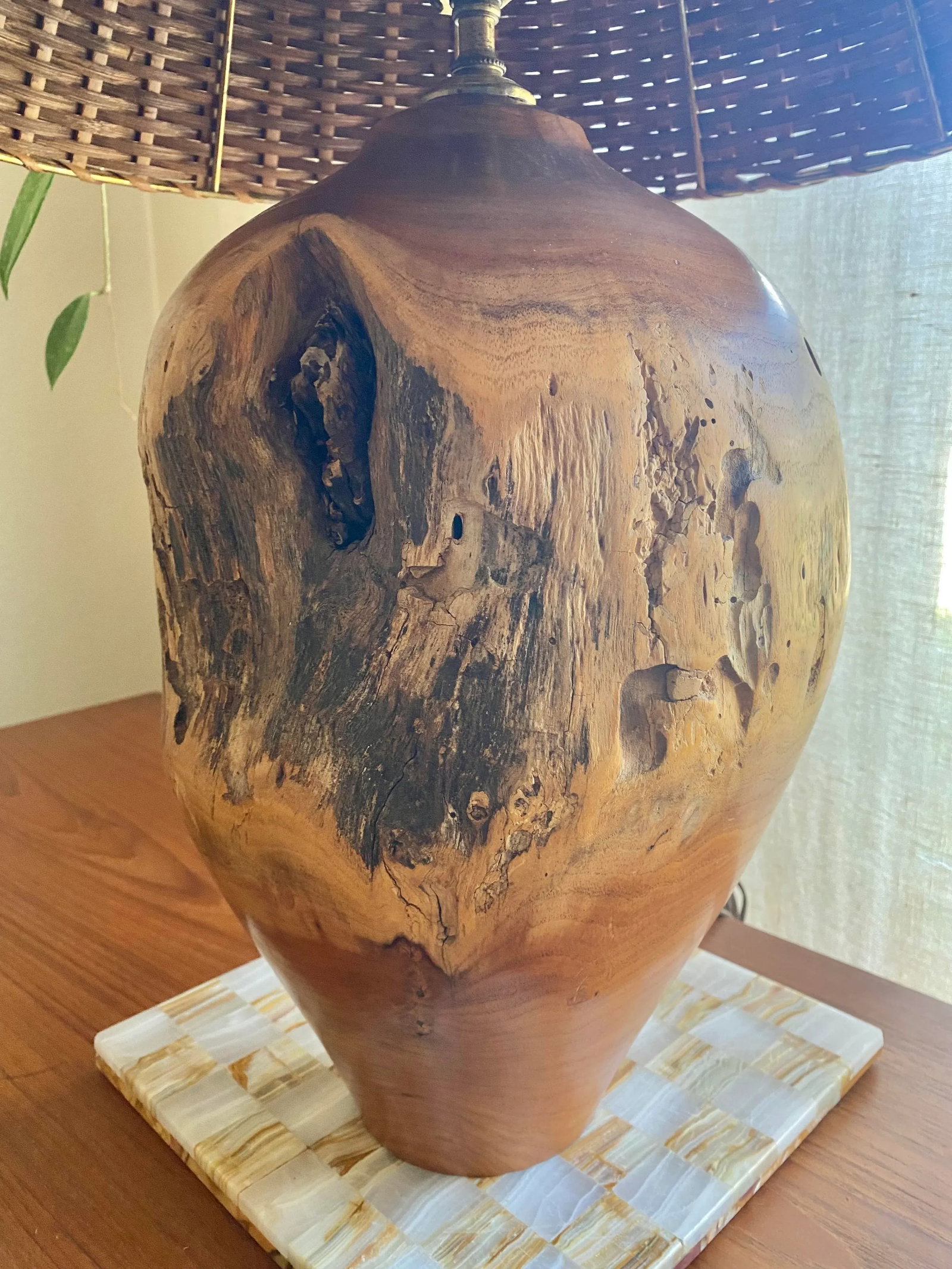 Organic Modern Turned Burl Hardwood Lamp With Woven Wicker Shade - 11