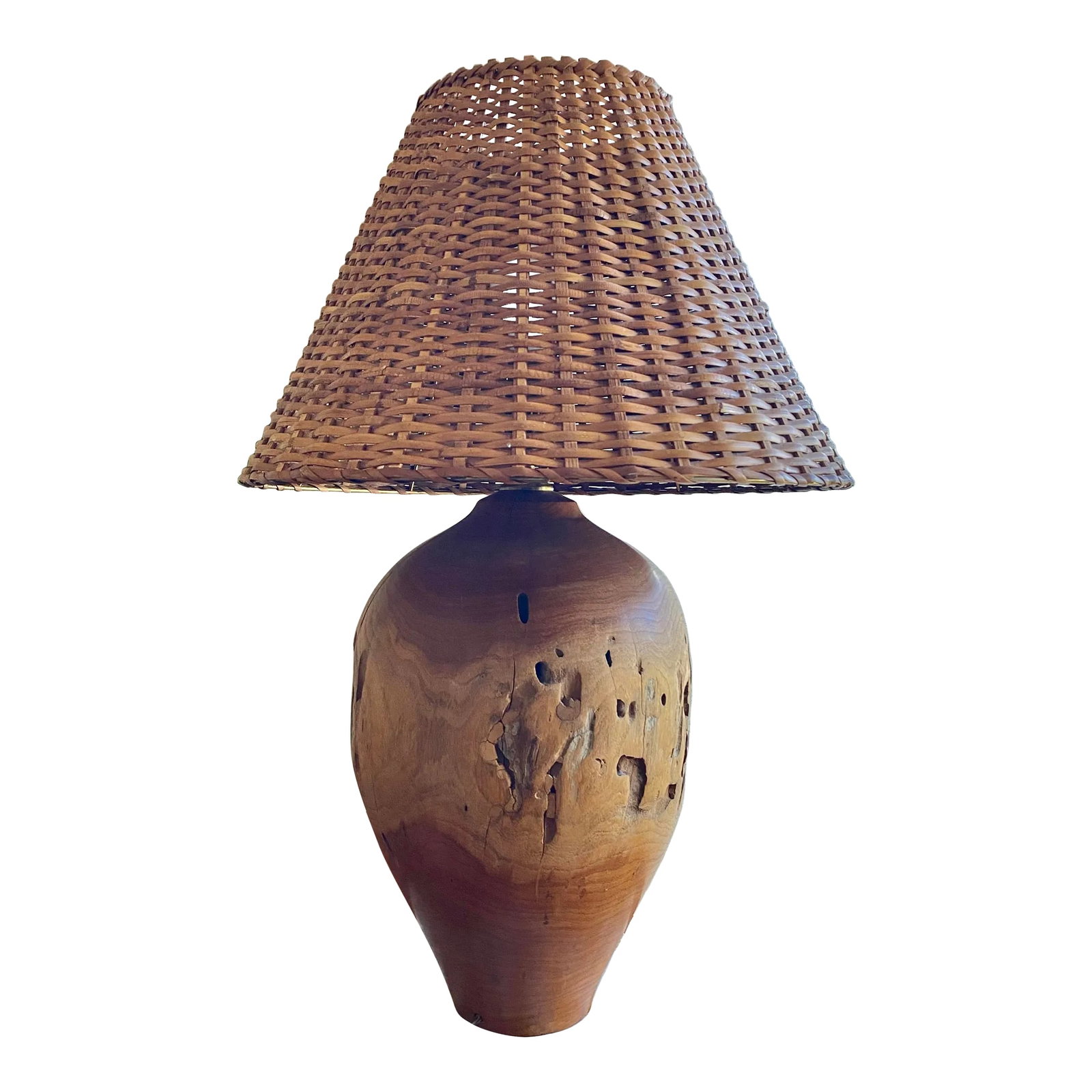 Organic Modern Turned Burl Hardwood Lamp With Woven Wicker Shade: Incredible, one of a kind, turned hardwood lamp with vintage wicker shade. Burled and beautiful, organic and modern, this piece is a showstopper. Condition: Alterations: Original Condition Unaltered