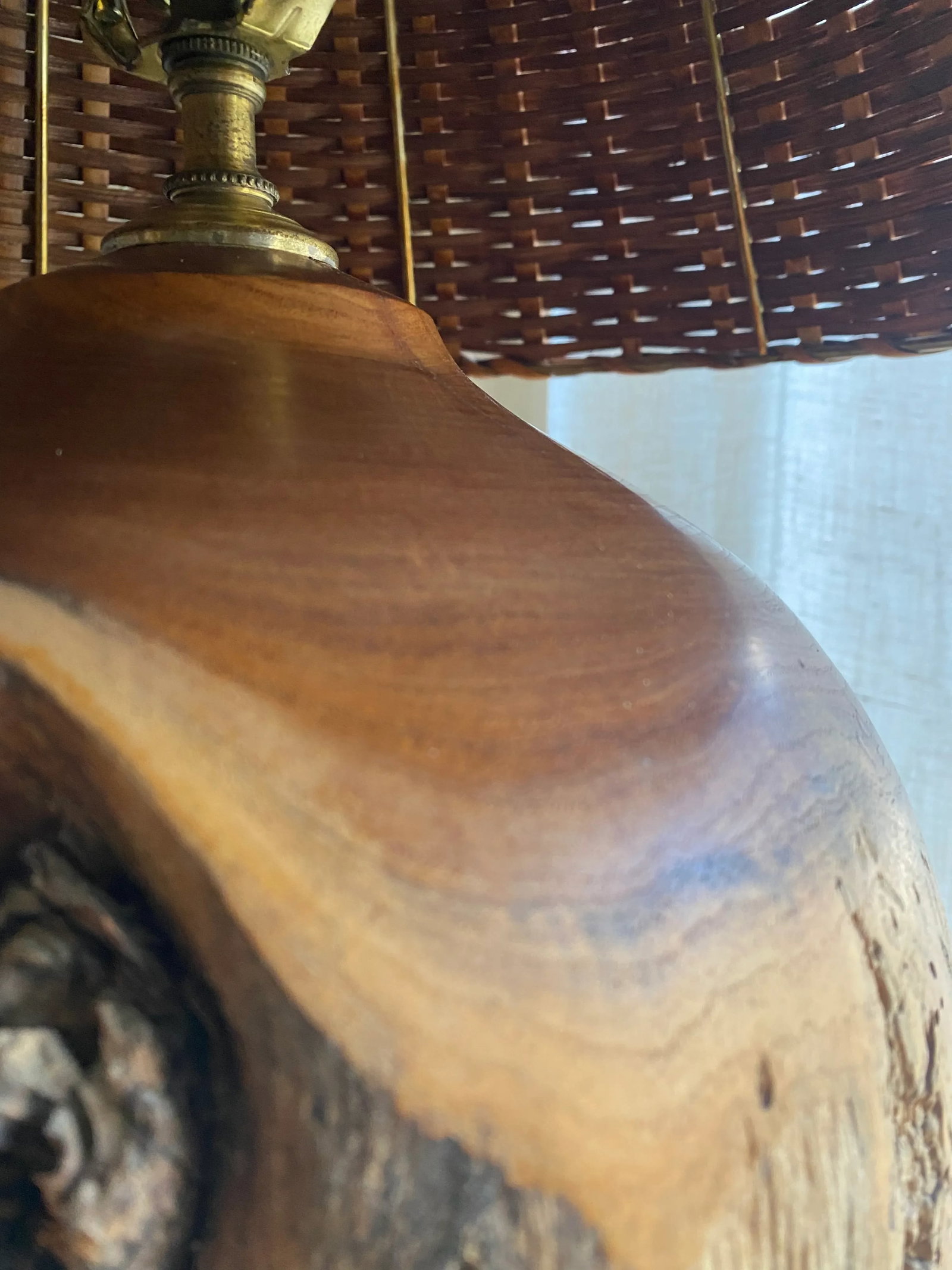 Organic Modern Turned Burl Hardwood Lamp With Woven Wicker Shade - 2