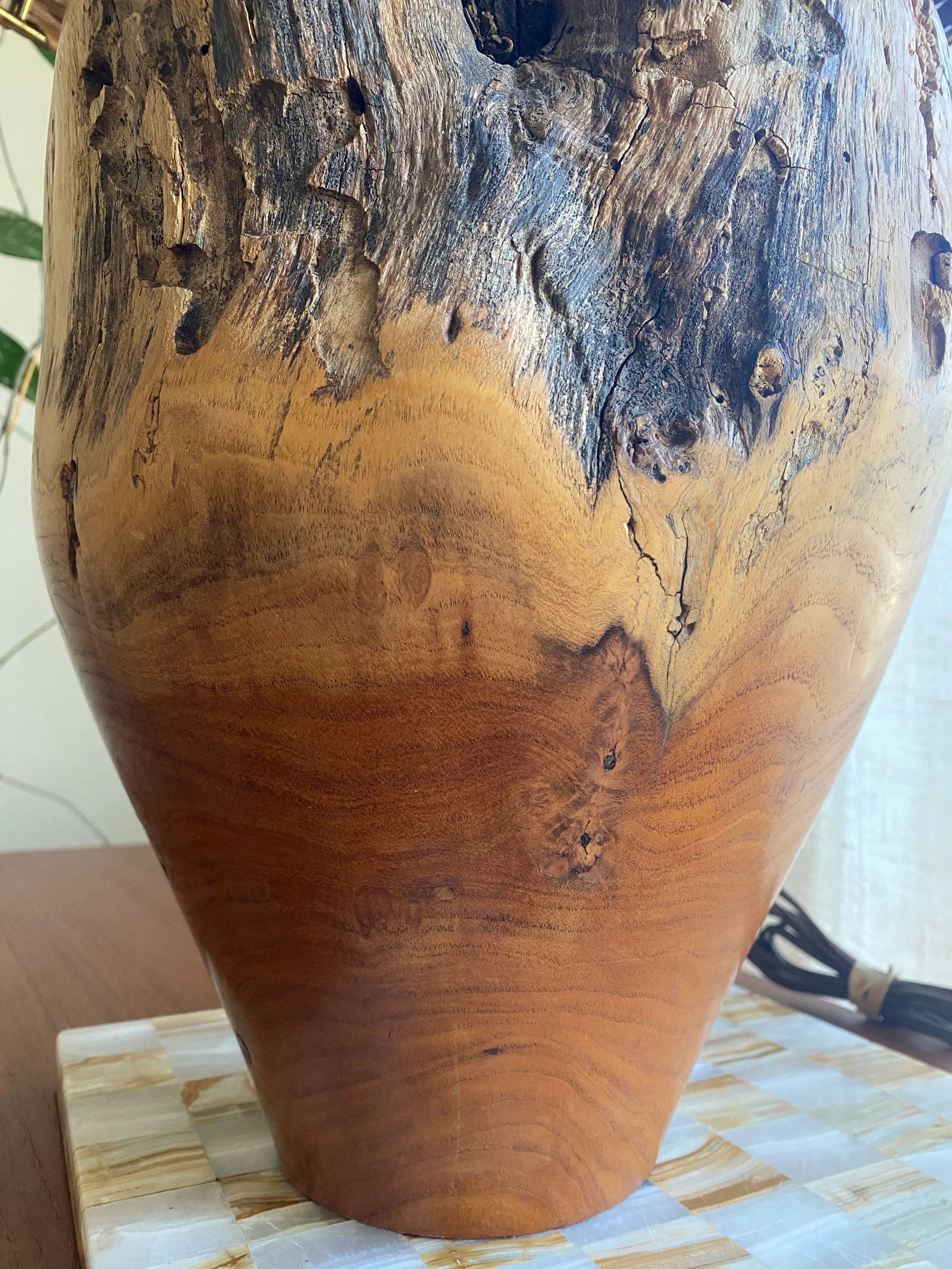 Organic Modern Turned Burl Hardwood Lamp With Woven Wicker Shade - 4