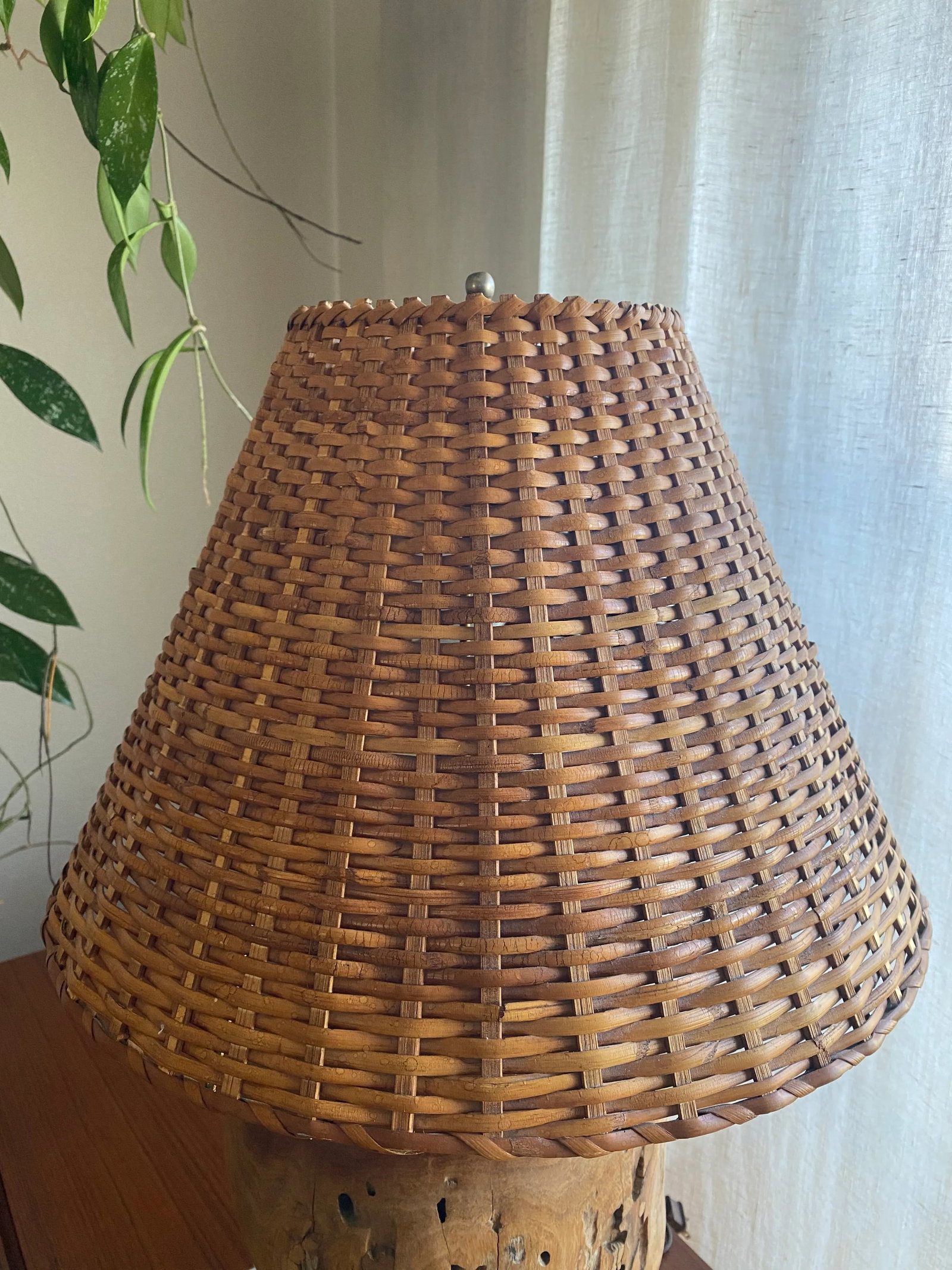 Organic Modern Turned Burl Hardwood Lamp With Woven Wicker Shade - 5