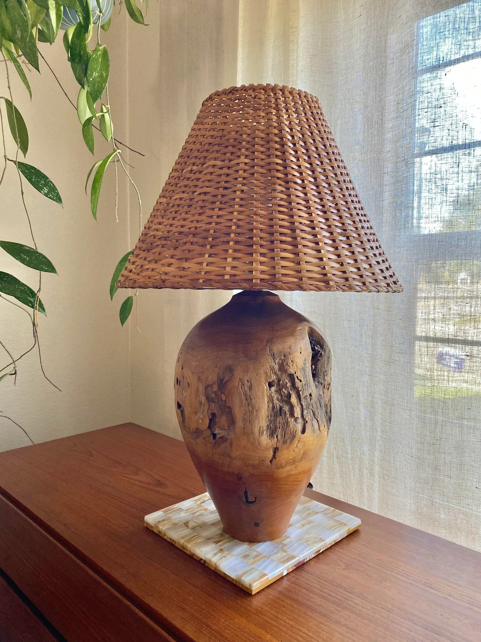 Organic Modern Turned Burl Hardwood Lamp With Woven Wicker Shade - 6