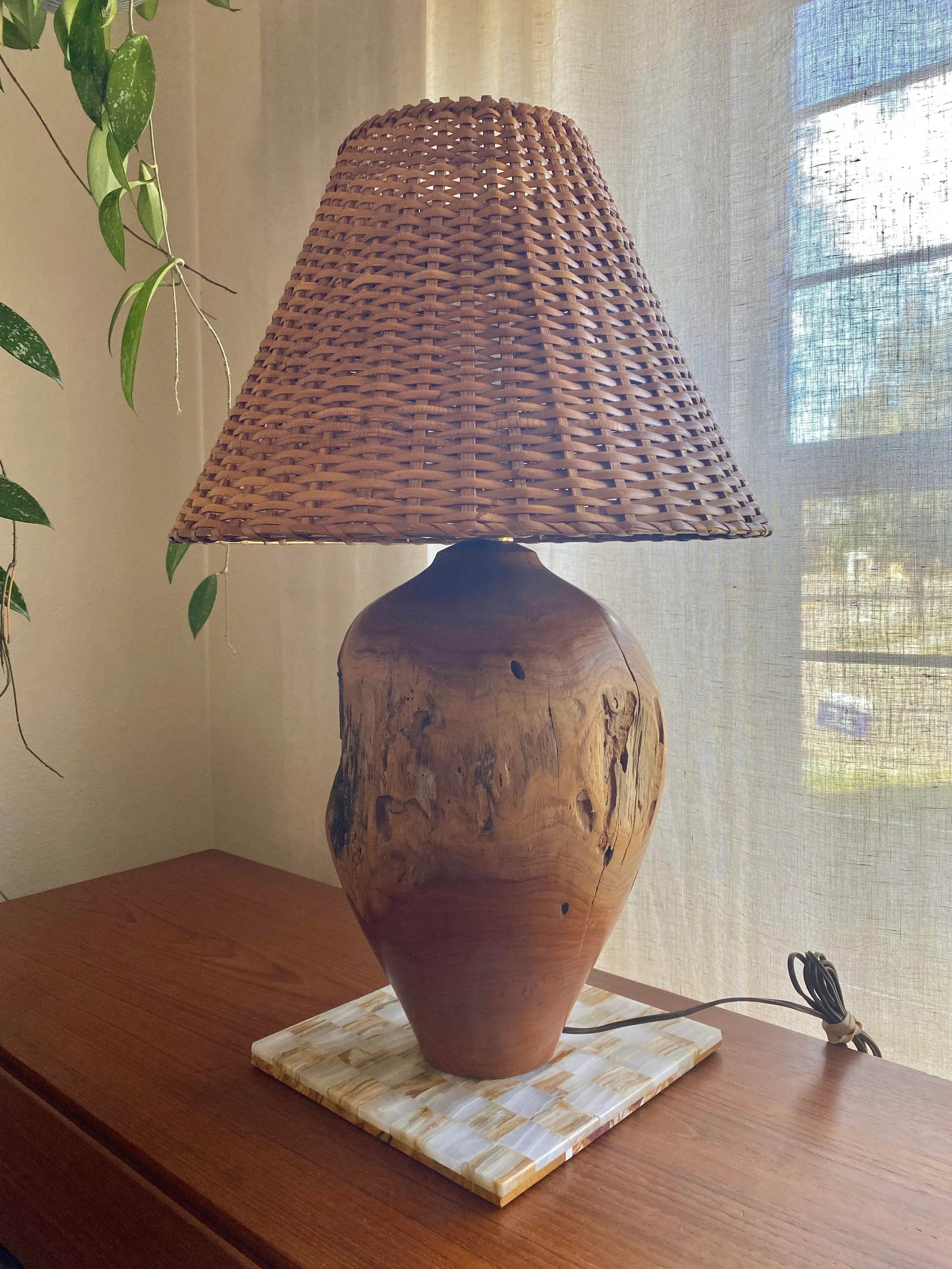 Organic Modern Turned Burl Hardwood Lamp With Woven Wicker Shade - 7