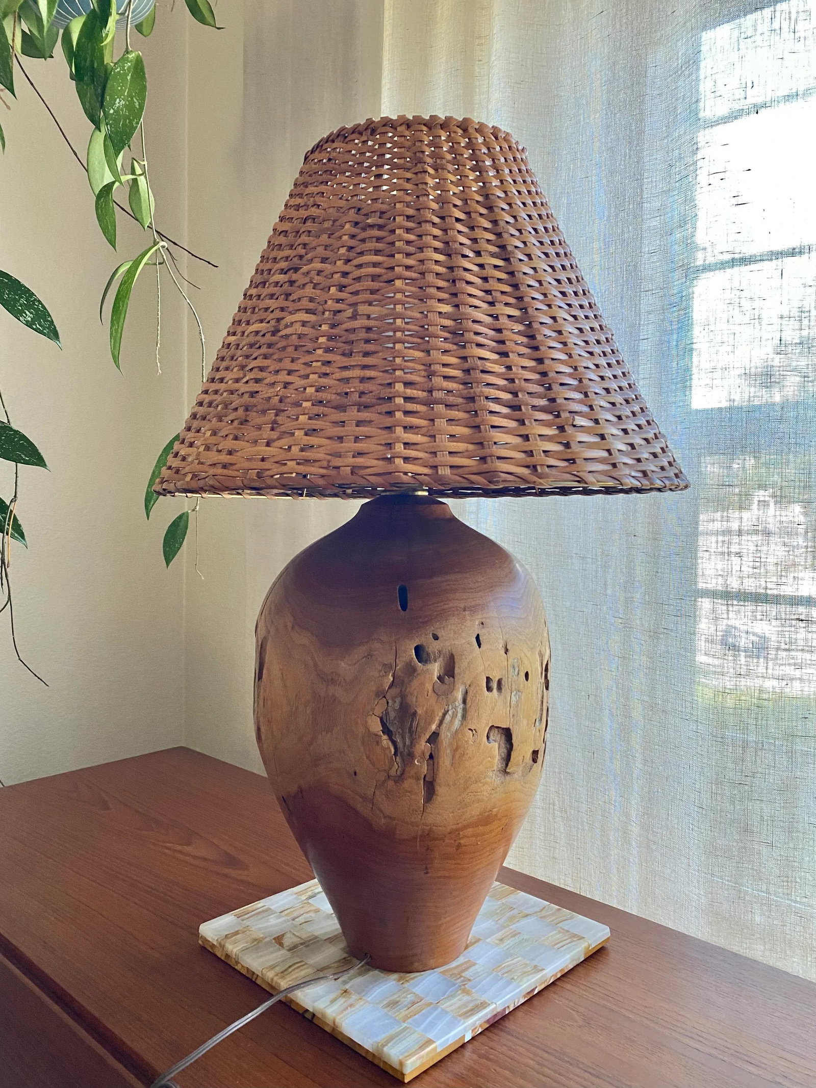 Organic Modern Turned Burl Hardwood Lamp With Woven Wicker Shade - 8
