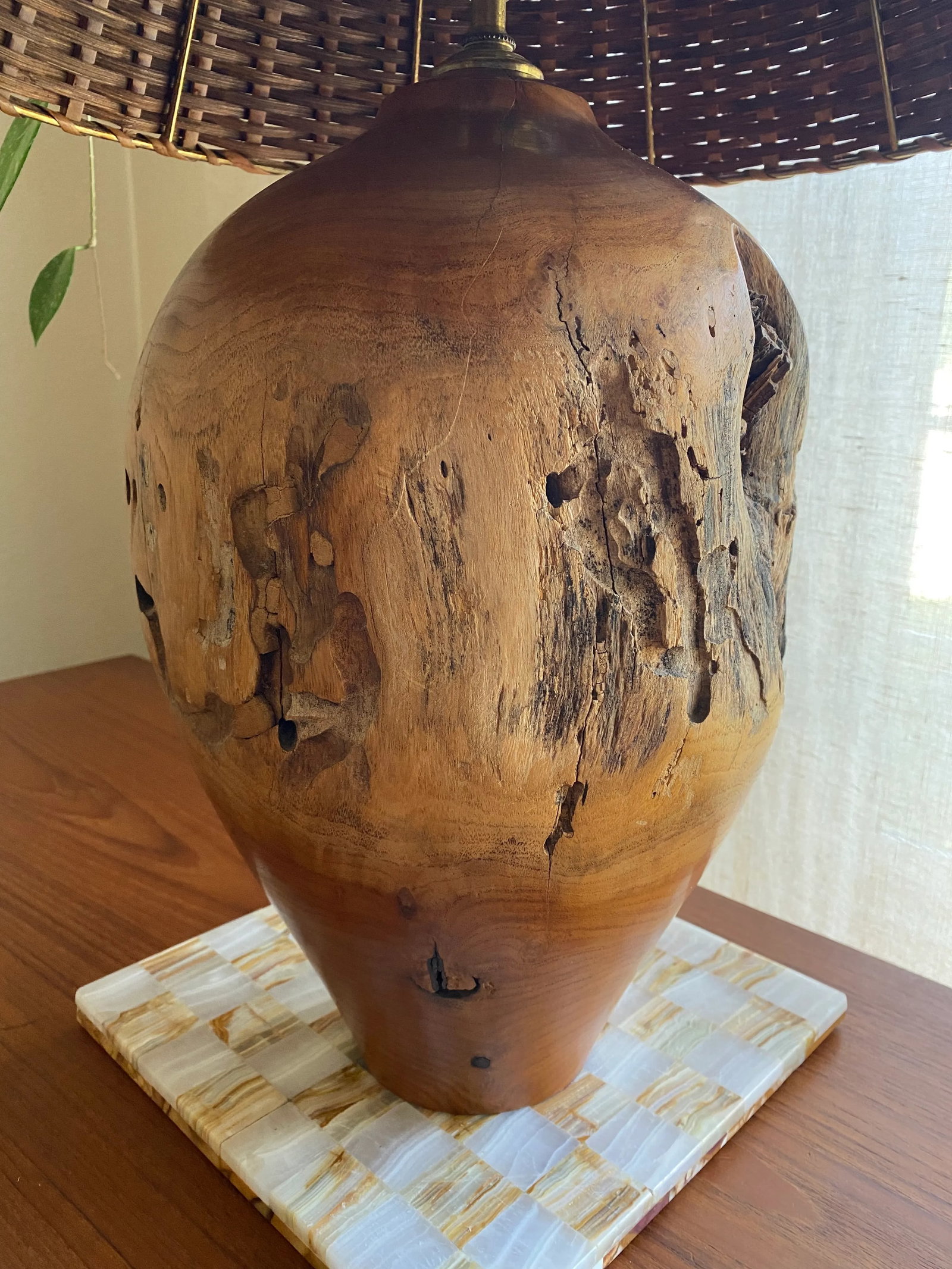 Organic Modern Turned Burl Hardwood Lamp With Woven Wicker Shade - 9