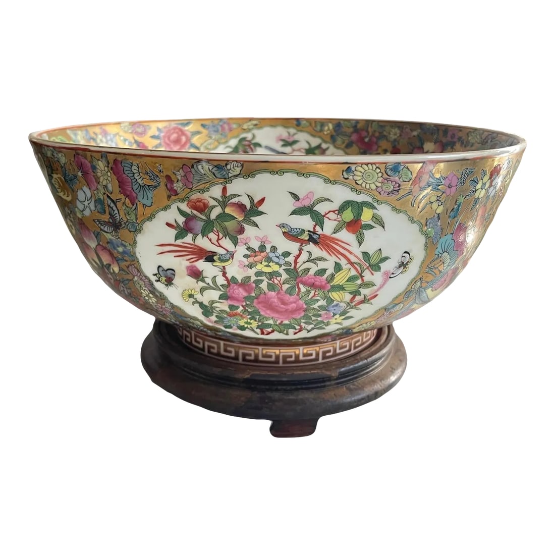 Chinese Famille Rose Medallion Porcelain Bowl: Chinese Rose Medallion Porcelain Bowl Qianlong Period, exquisite detail large 12" hand painted gold flowers with birds and Figures. Stand is included which brings the bowl to 7" tall. Condition: Alter
