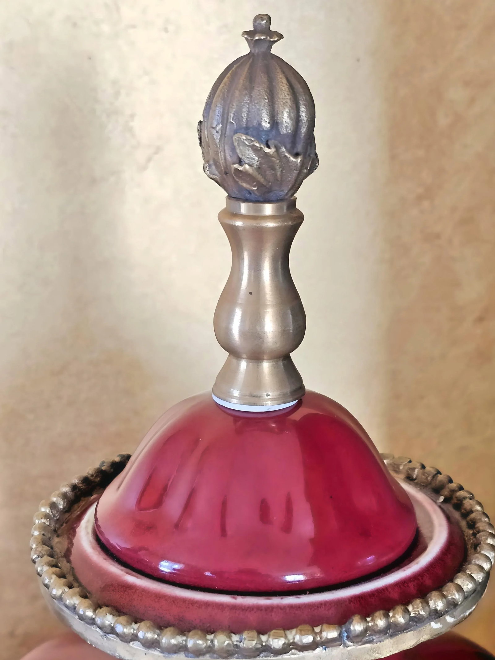 Vintage Sang De Boeuf Vases - Pair of Oxblood Red Ceramic Lamp Bases With Bronze Detailing by Damini - 10