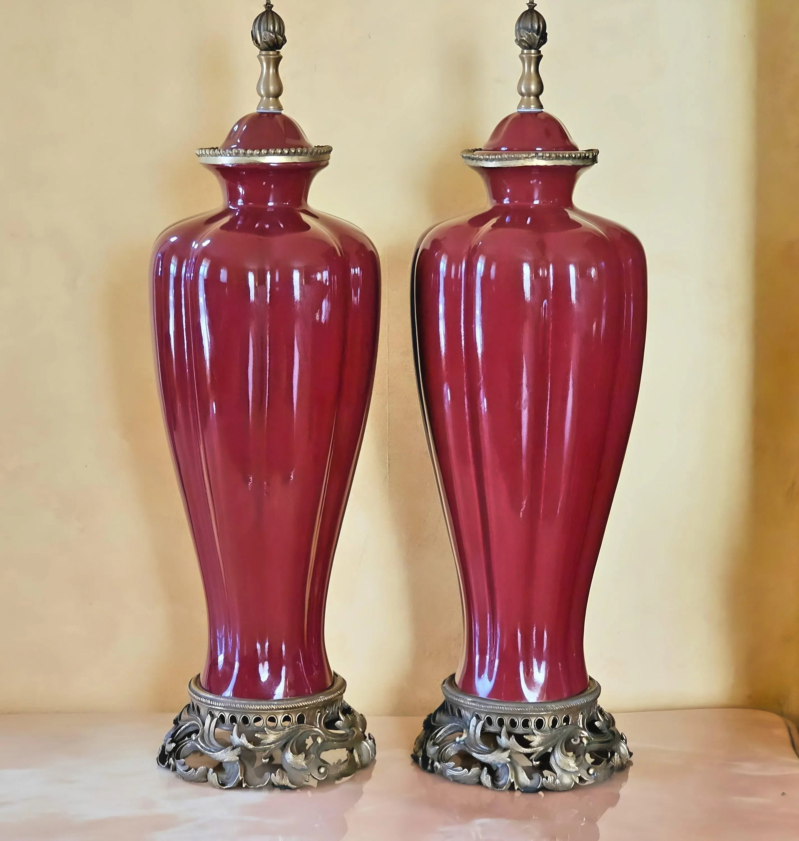 Vintage Sang De Boeuf Vases - Pair of Oxblood Red Ceramic Lamp Bases With Bronze Detailing by Damini - 11