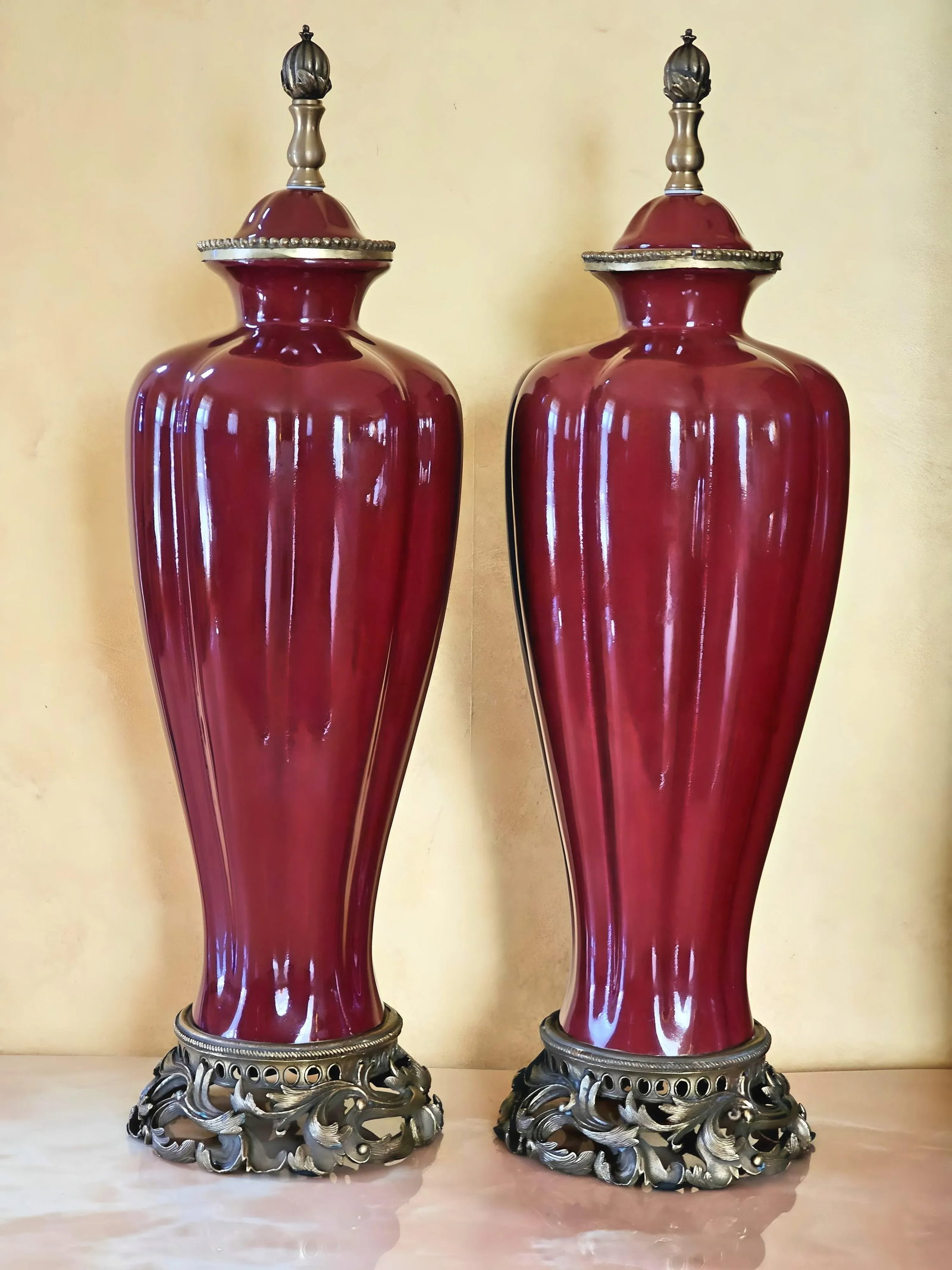 Vintage Sang De Boeuf Vases - Pair of Oxblood Red Ceramic Lamp Bases With Bronze Detailing by Damini - 2