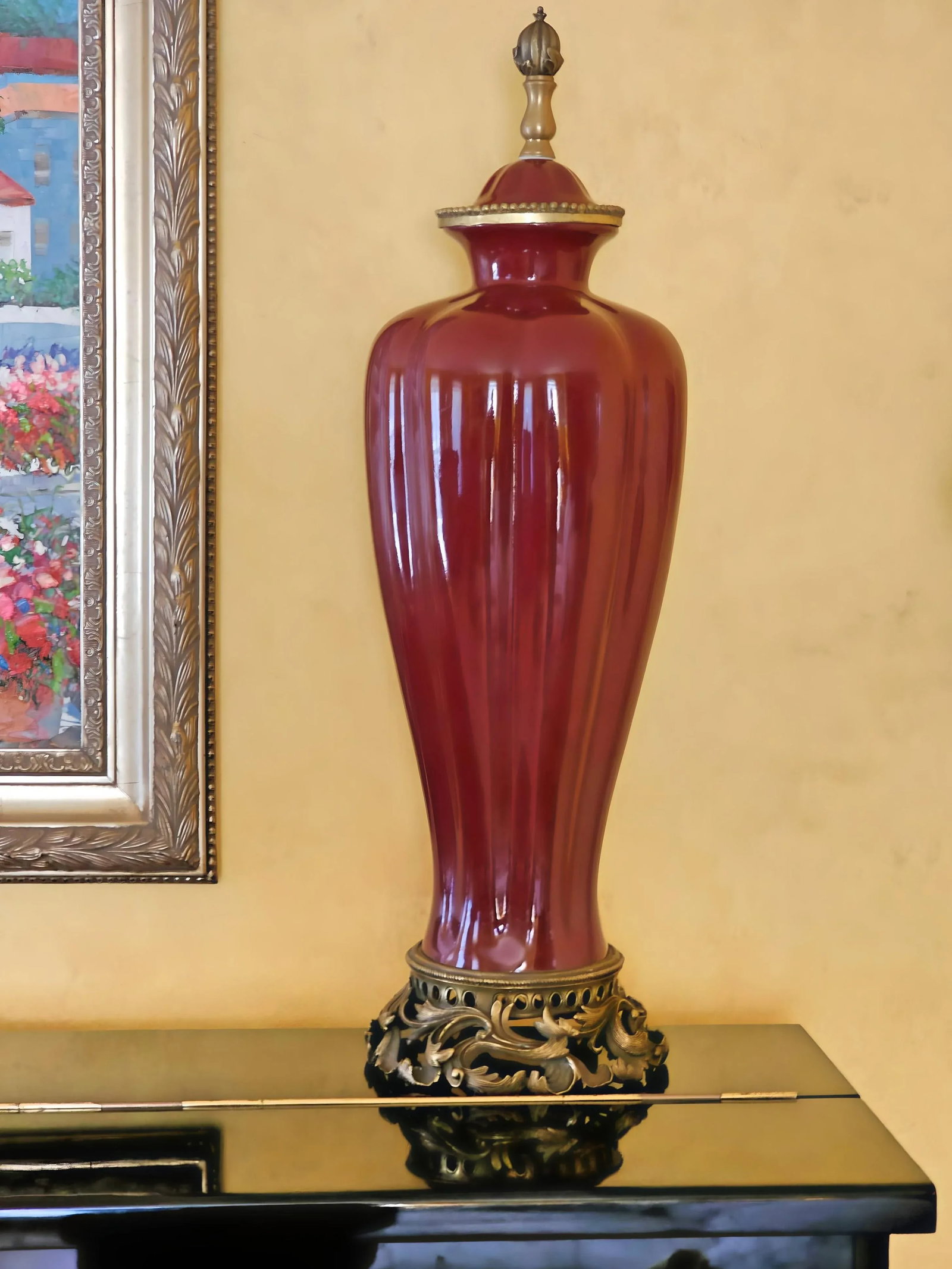 Vintage Sang De Boeuf Vases - Pair of Oxblood Red Ceramic Lamp Bases With Bronze Detailing by Damini - 3