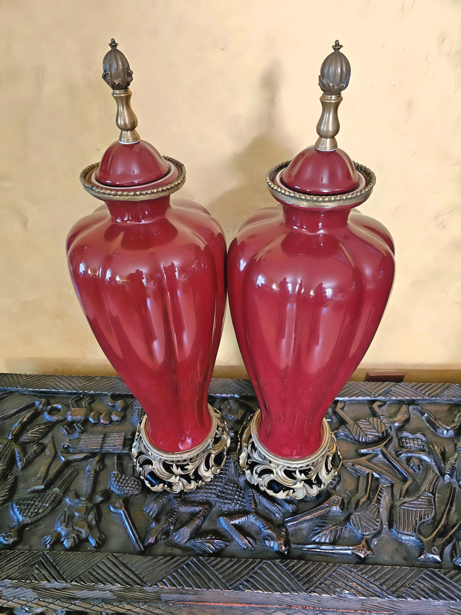 Vintage Sang De Boeuf Vases - Pair of Oxblood Red Ceramic Lamp Bases With Bronze Detailing by Damini - 4