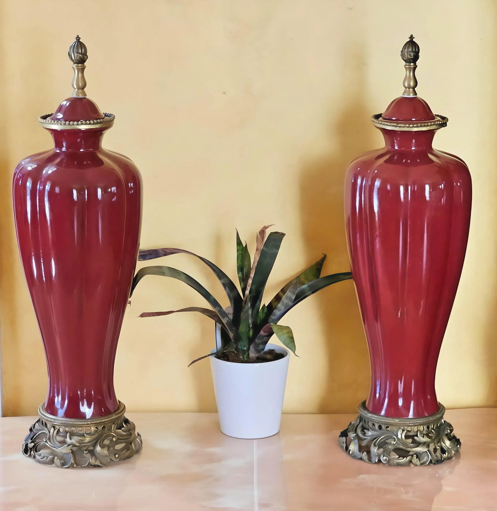 Vintage Sang De Boeuf Vases - Pair of Oxblood Red Ceramic Lamp Bases With Bronze Detailing by Damini - 5