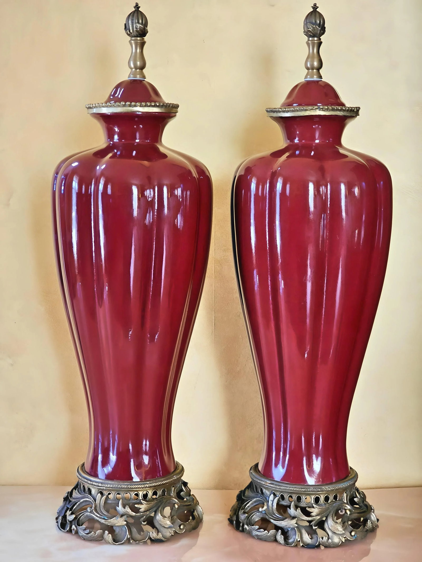 Vintage Sang De Boeuf Vases - Pair of Oxblood Red Ceramic Lamp Bases With Bronze Detailing by Damini - 6