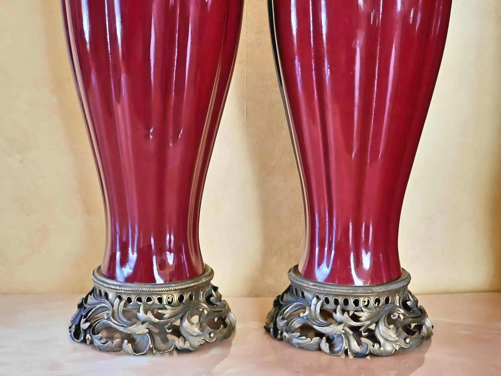 Vintage Sang De Boeuf Vases - Pair of Oxblood Red Ceramic Lamp Bases With Bronze Detailing by Damini - 7