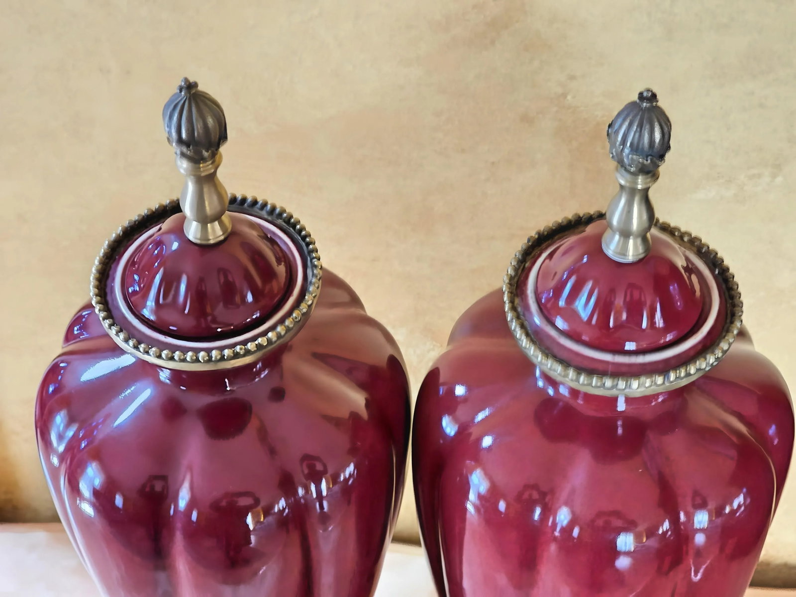 Vintage Sang De Boeuf Vases - Pair of Oxblood Red Ceramic Lamp Bases With Bronze Detailing by Damini - 8