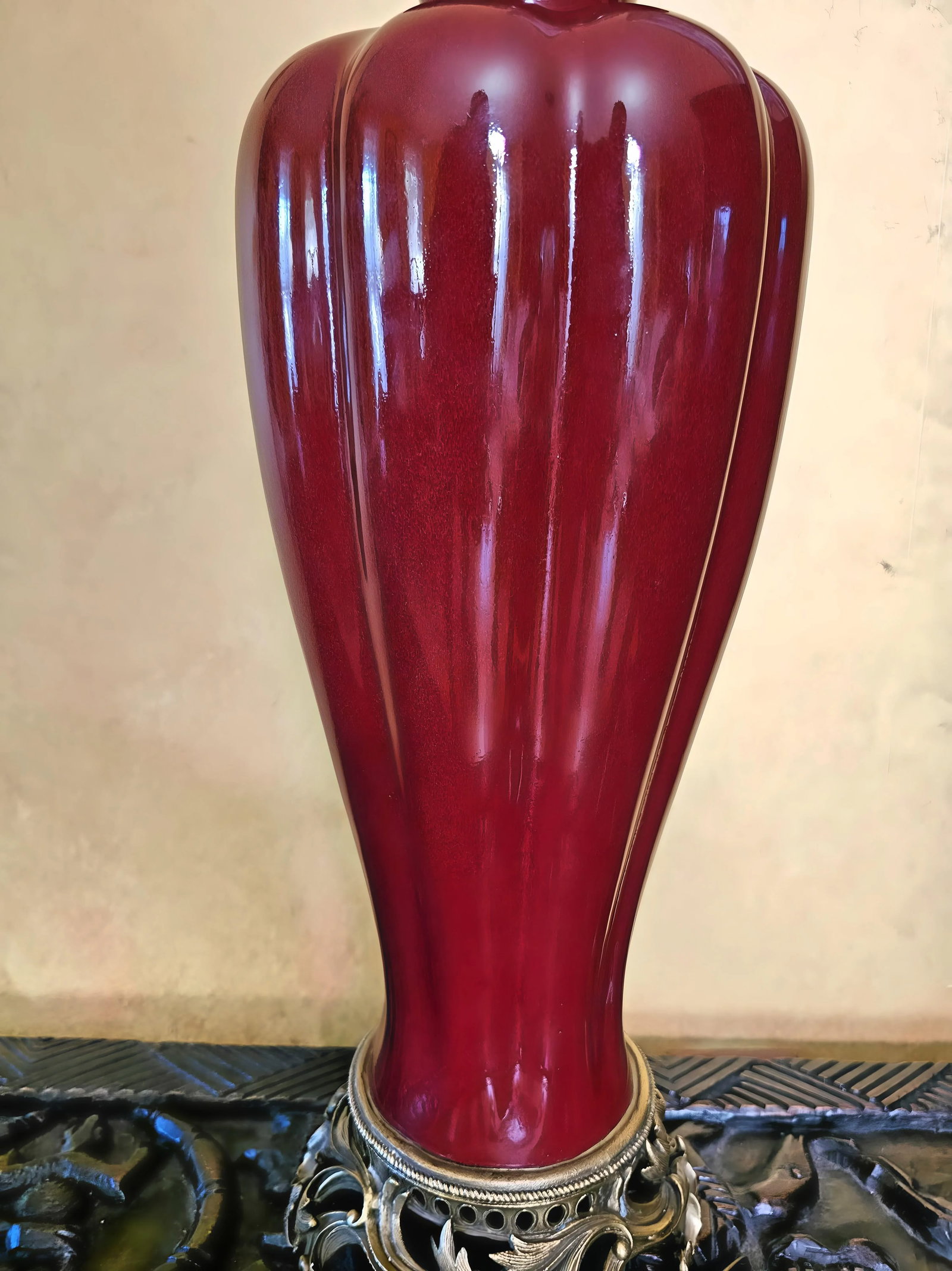 Vintage Sang De Boeuf Vases - Pair of Oxblood Red Ceramic Lamp Bases With Bronze Detailing by Damini - 9