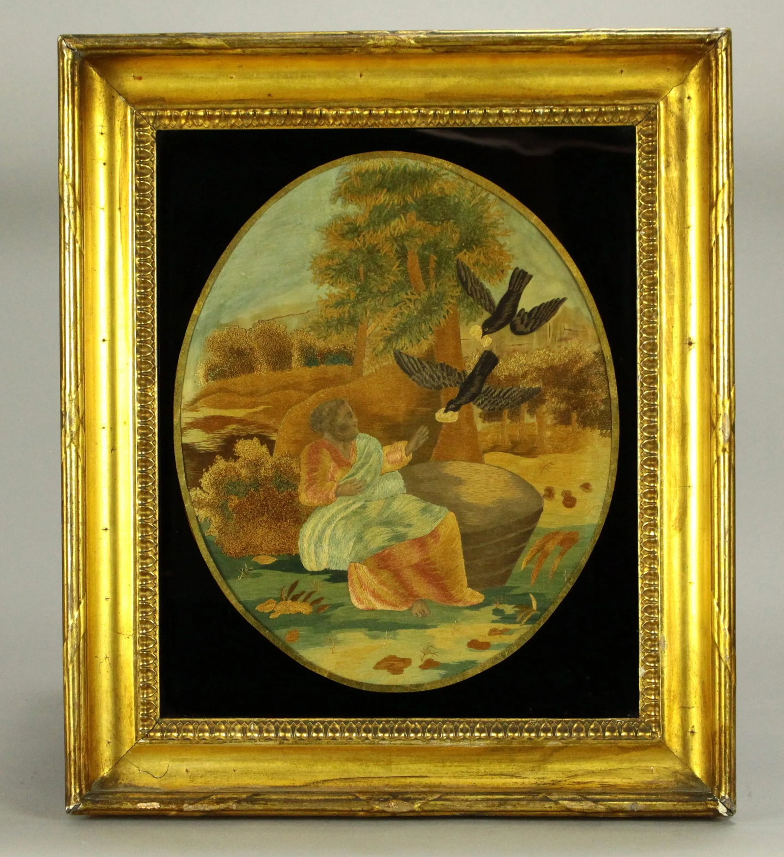 Ea 1800's Silk Embroidery Bible Scene Gilt Eglomise Frame Elijah Fed by Ravens - 12