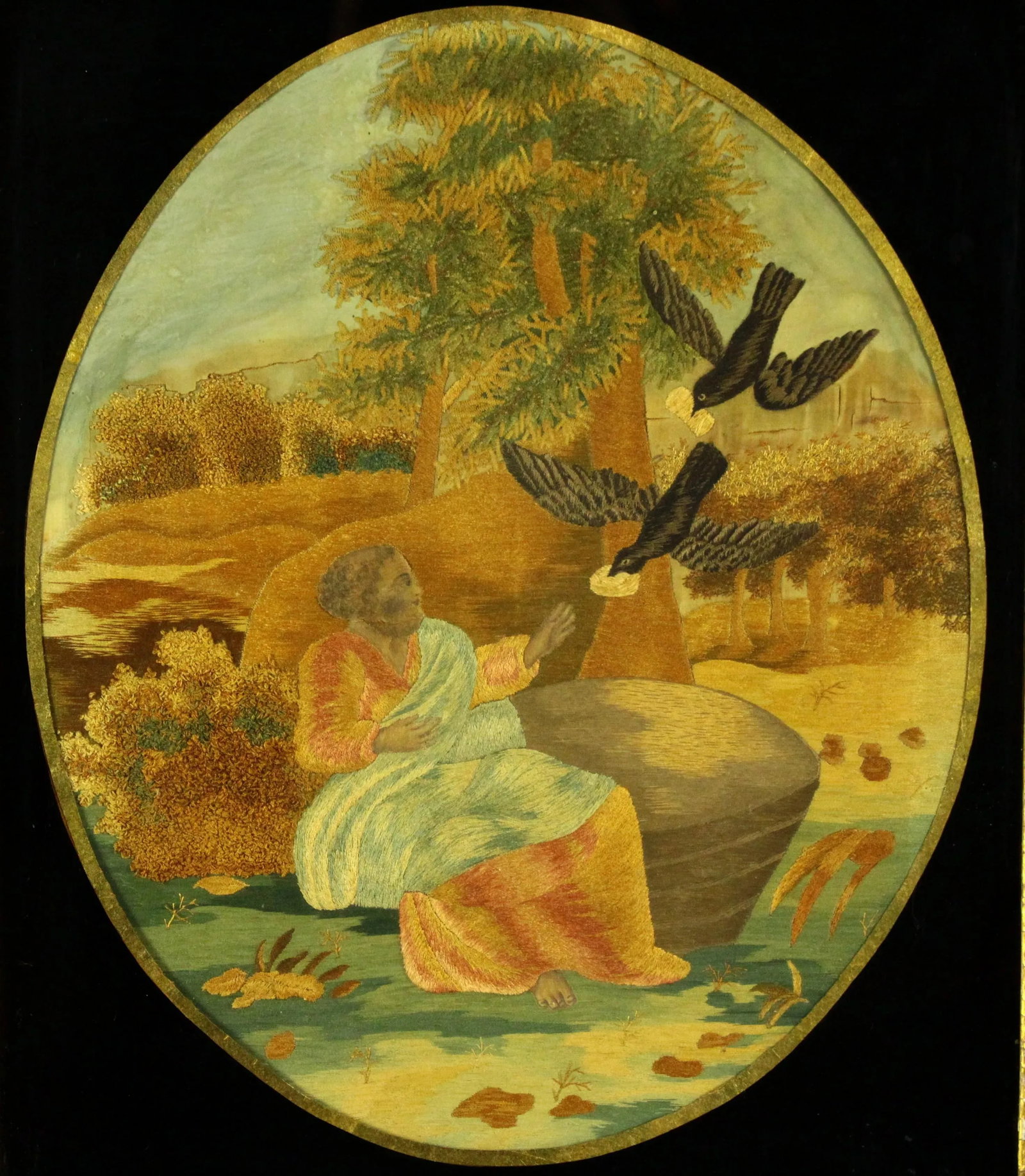 Ea 1800's Silk Embroidery Bible Scene Gilt Eglomise Frame Elijah Fed by Ravens - 2