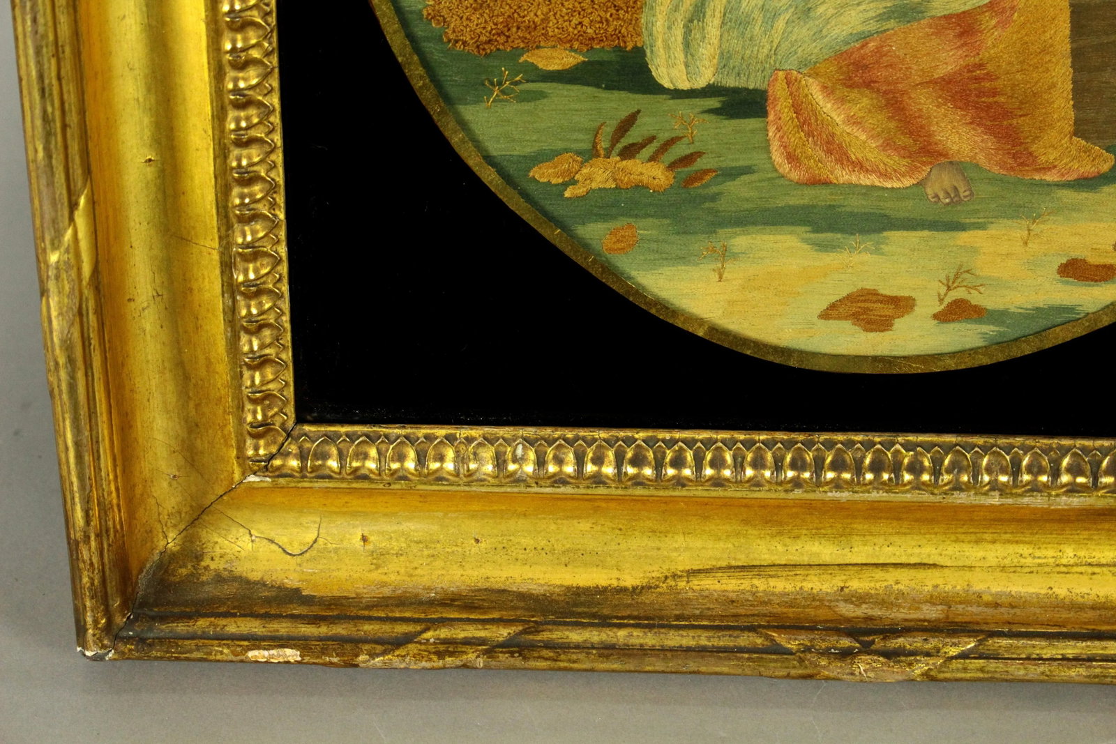 Ea 1800's Silk Embroidery Bible Scene Gilt Eglomise Frame Elijah Fed by Ravens - 3