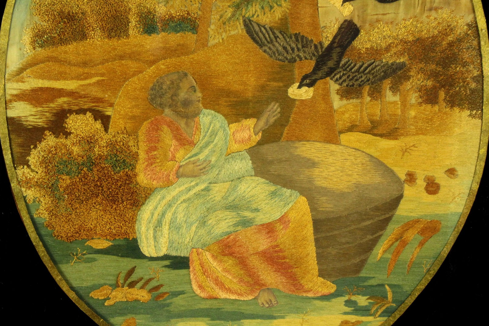 Ea 1800's Silk Embroidery Bible Scene Gilt Eglomise Frame Elijah Fed by Ravens - 5