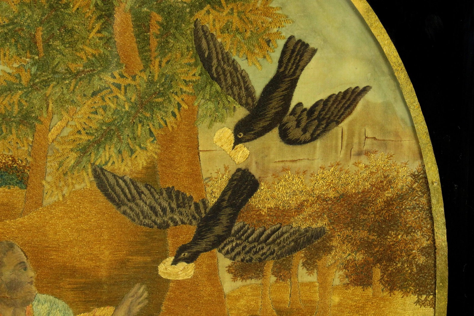 Ea 1800's Silk Embroidery Bible Scene Gilt Eglomise Frame Elijah Fed by Ravens - 6