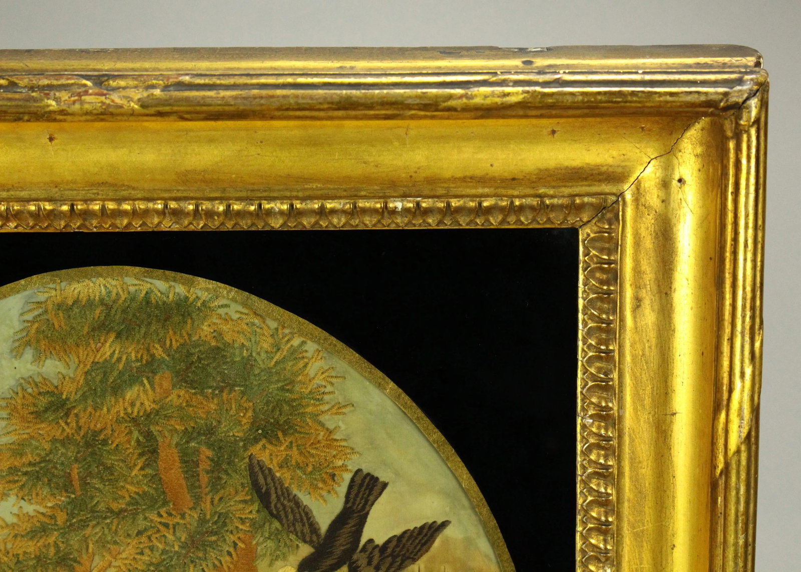 Ea 1800's Silk Embroidery Bible Scene Gilt Eglomise Frame Elijah Fed by Ravens - 7