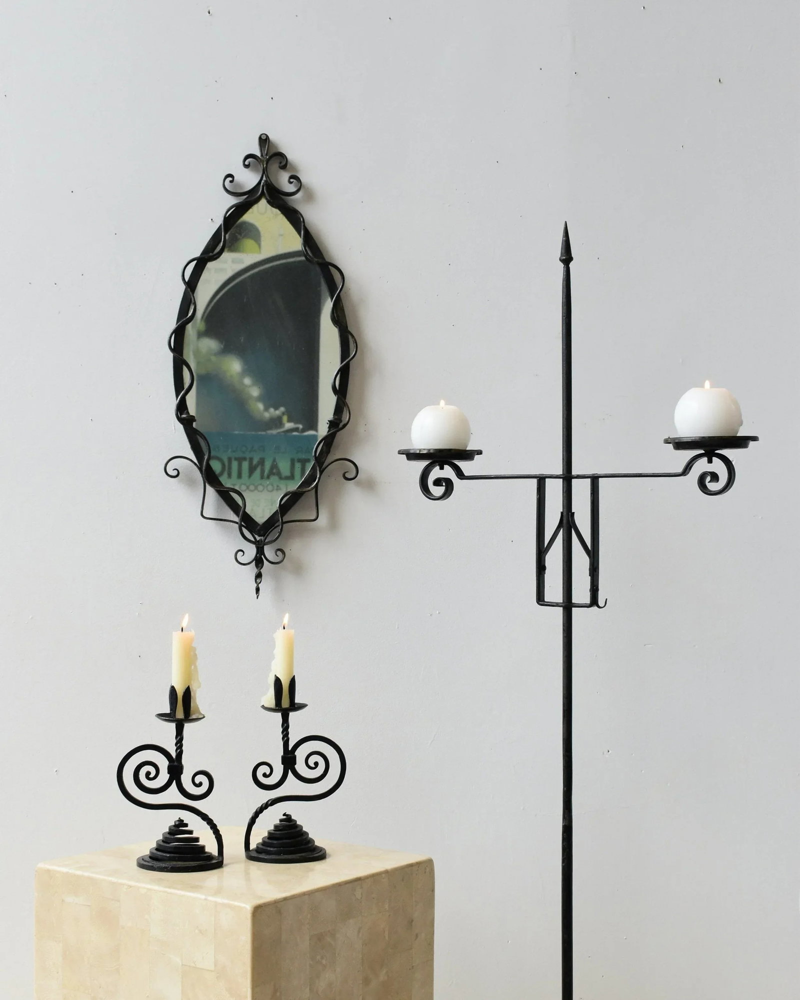 Vintage Trident-Style Wrought Iron Floor Adjustable Candelabra, Circa 1950s - 3