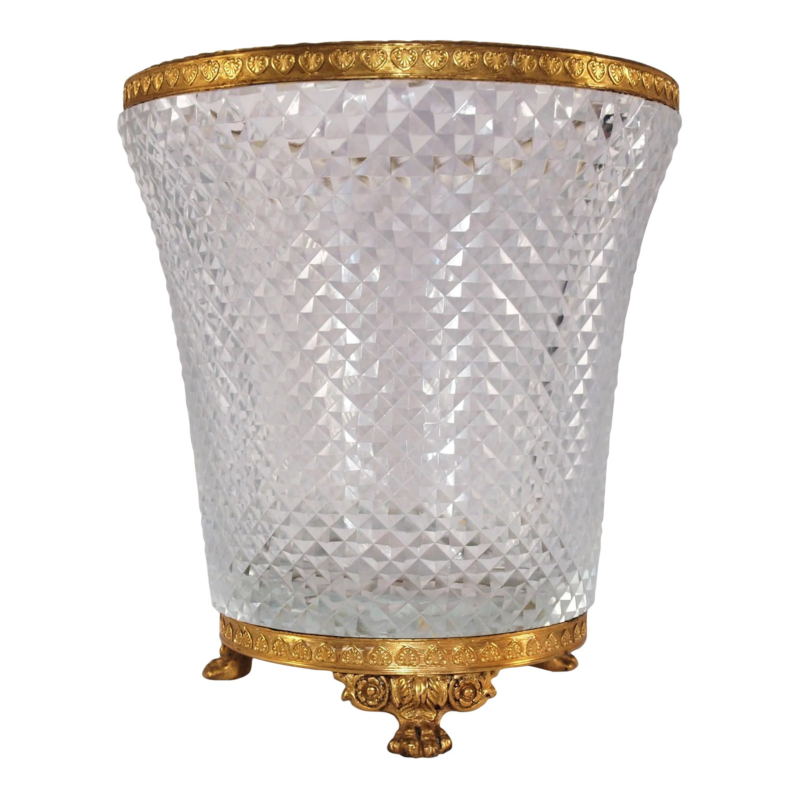 1960s French Ormolu Dore Bronze Cut Crystal Gilt Paw Feet Centerpiece Bowl: A French Regency Empire Dore bronze Ormolu paw footed centerpiece with crystal insert with scalloped accents on four corners. Measures 6" diameter and 6 1/2" high. No hallmarks but dates to 1930".