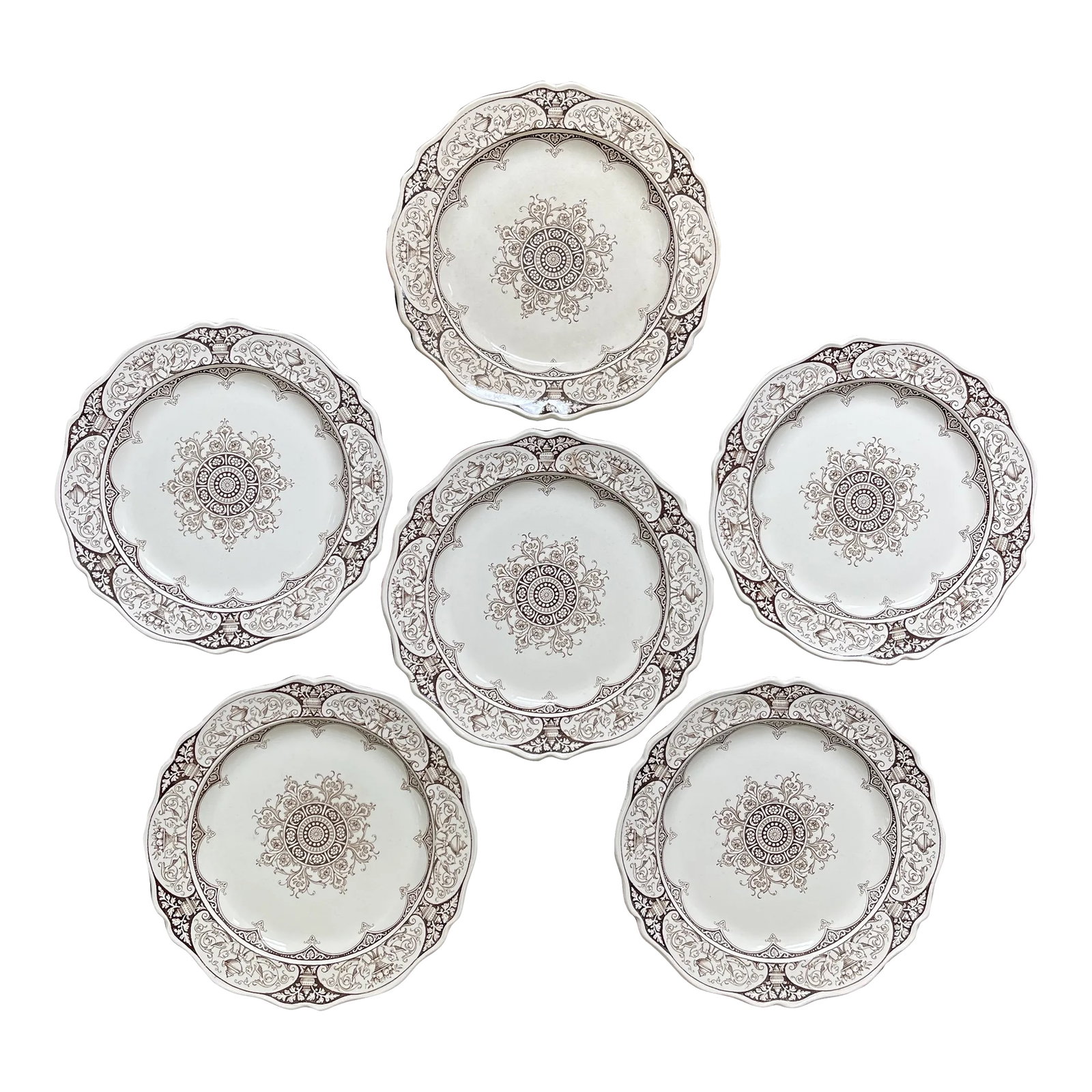 Early 19th Century Wedgwood Queen Charlotte Dinnerware - Set of 6: Set of six antique Wedgwood "Queen Charlotte" dinner plates, circa early 1800s. In exquisite condition with no chips or cracks on any piece. Brown transferware pattern depicting urns, fruit and
