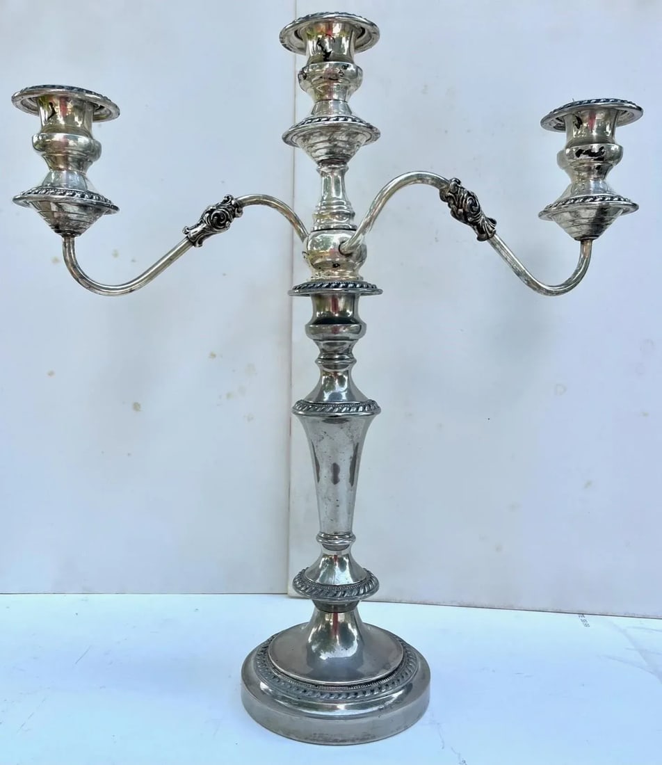Pair George III Old Sheffield Silver Plated Three Light Candelabras. - 12