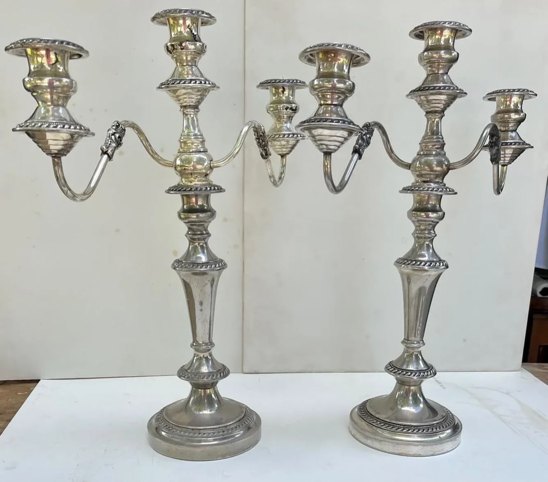 Pair George III Old Sheffield Silver Plated Three Light Candelabras. - 13