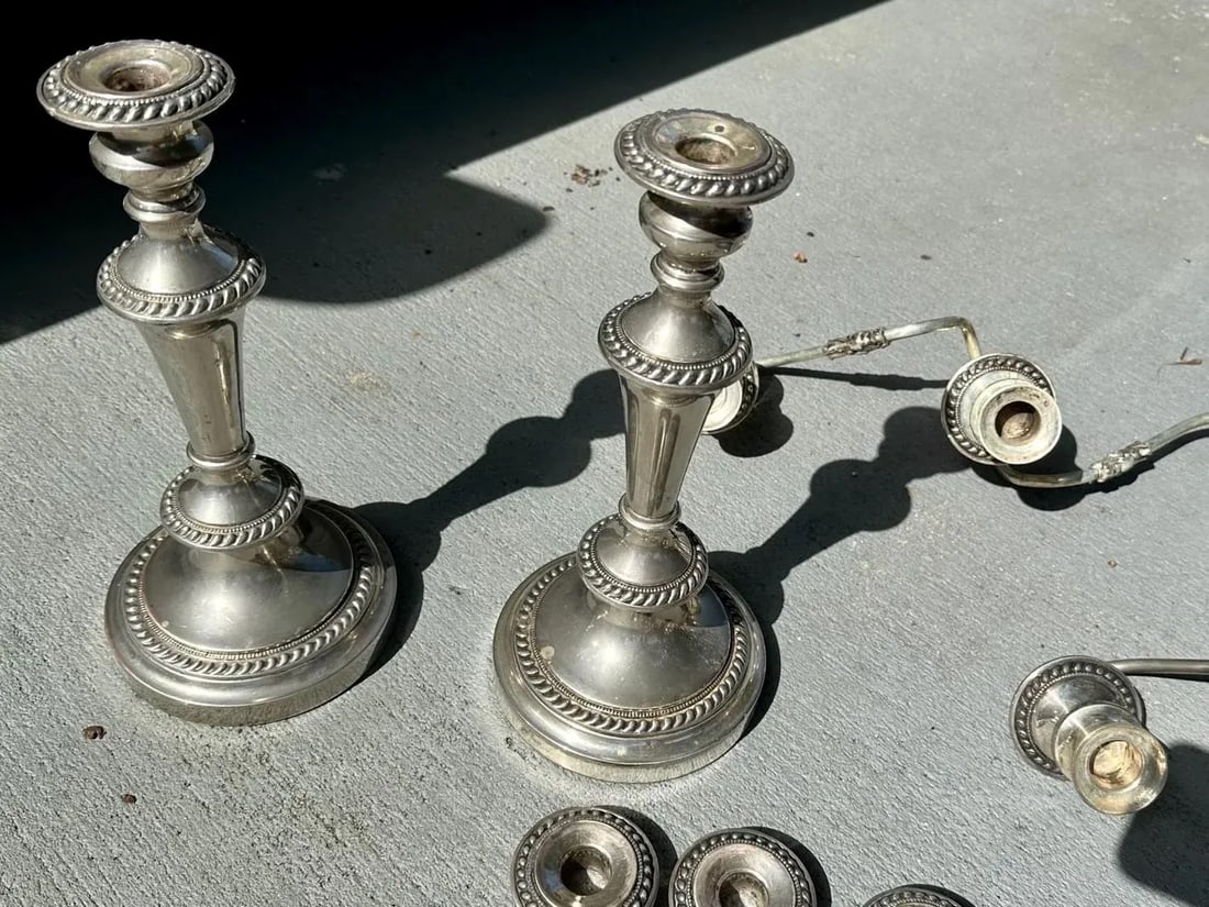 Pair George III Old Sheffield Silver Plated Three Light Candelabras. - 9
