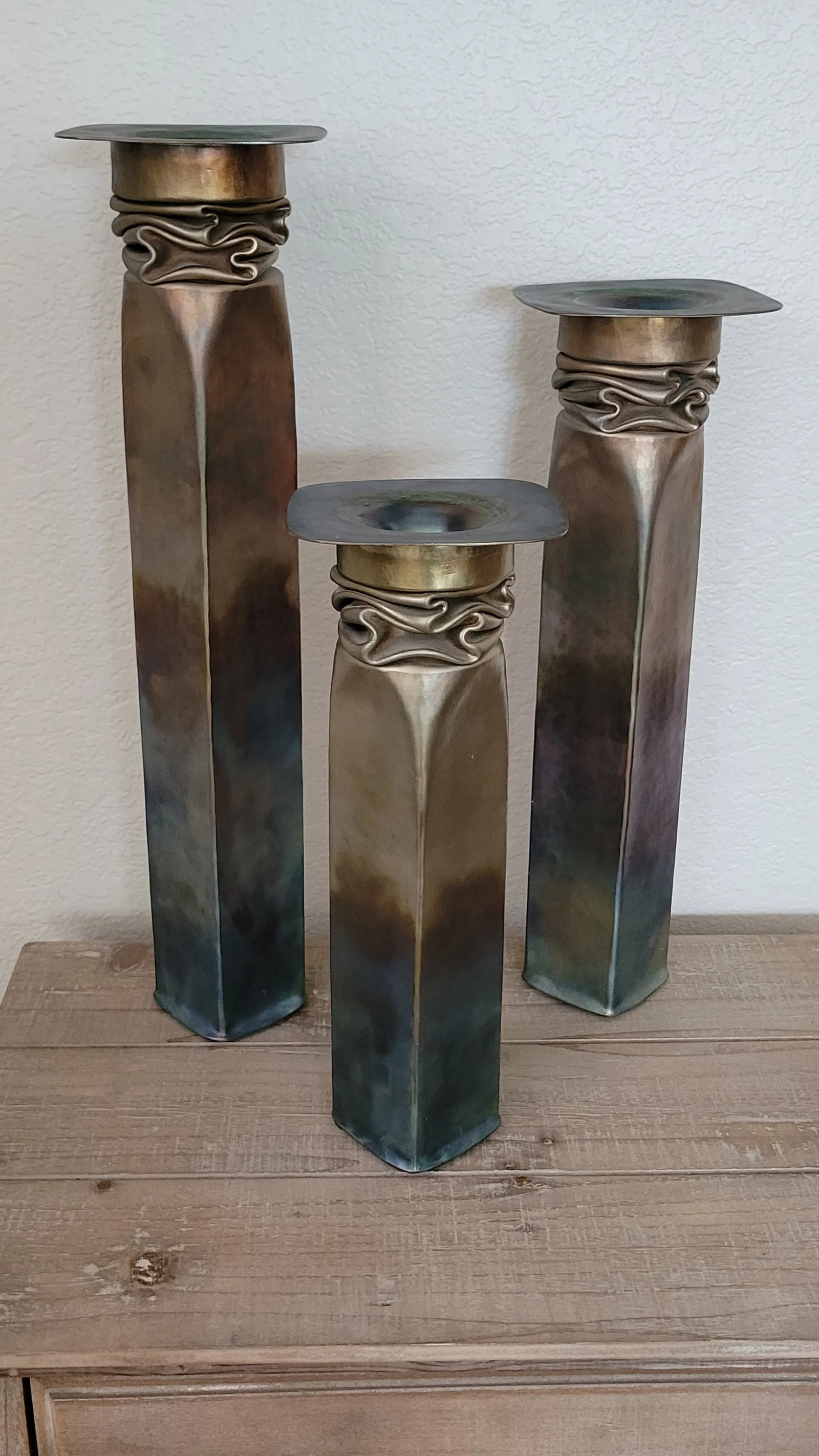 1990s Thomas Roy Markusen Modern Brutalist Hand Forged Copper Candle Holders With Pewter Oxide Finis - 12