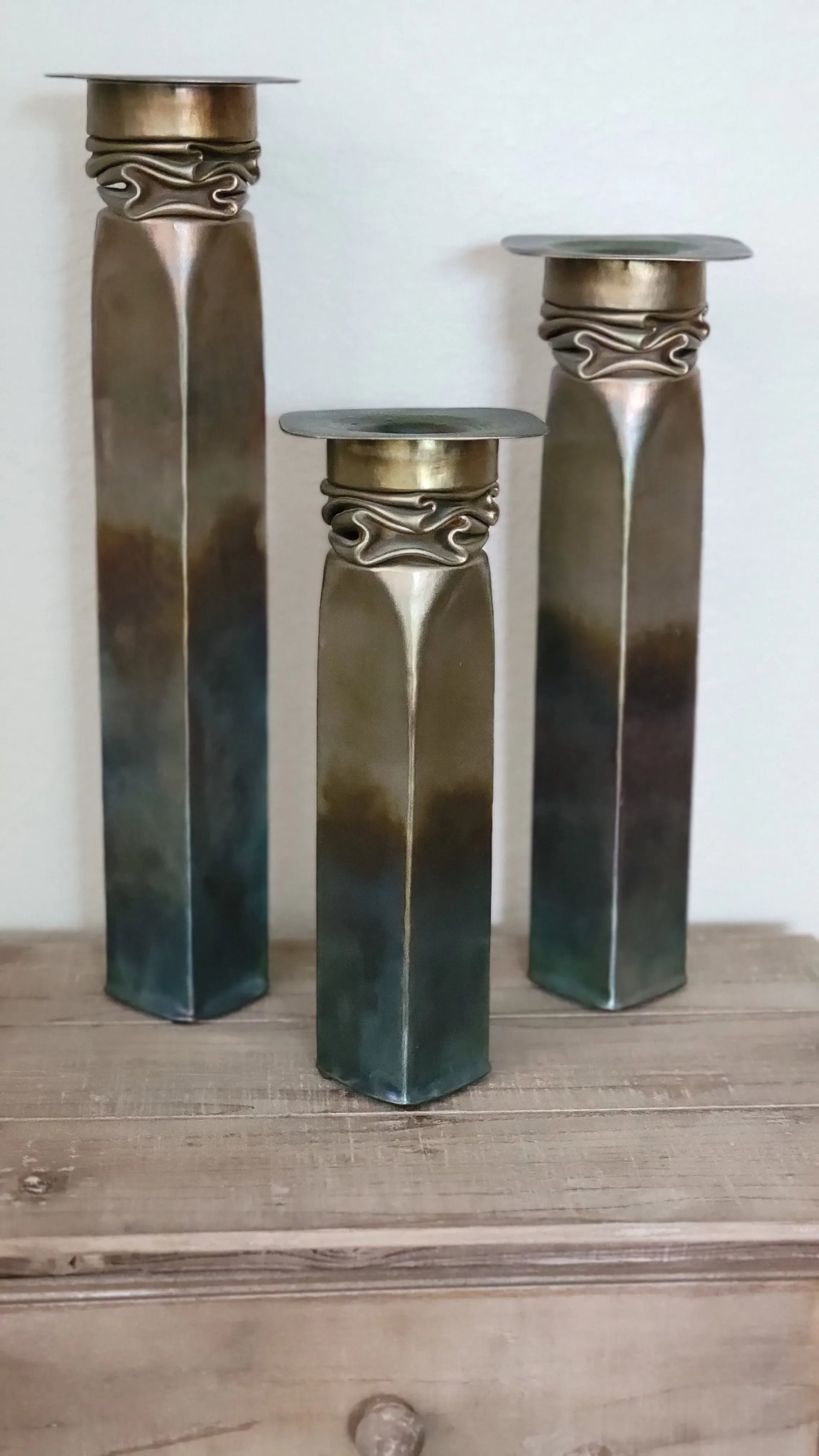 1990s Thomas Roy Markusen Modern Brutalist Hand Forged Copper Candle Holders With Pewter Oxide Finis - 13