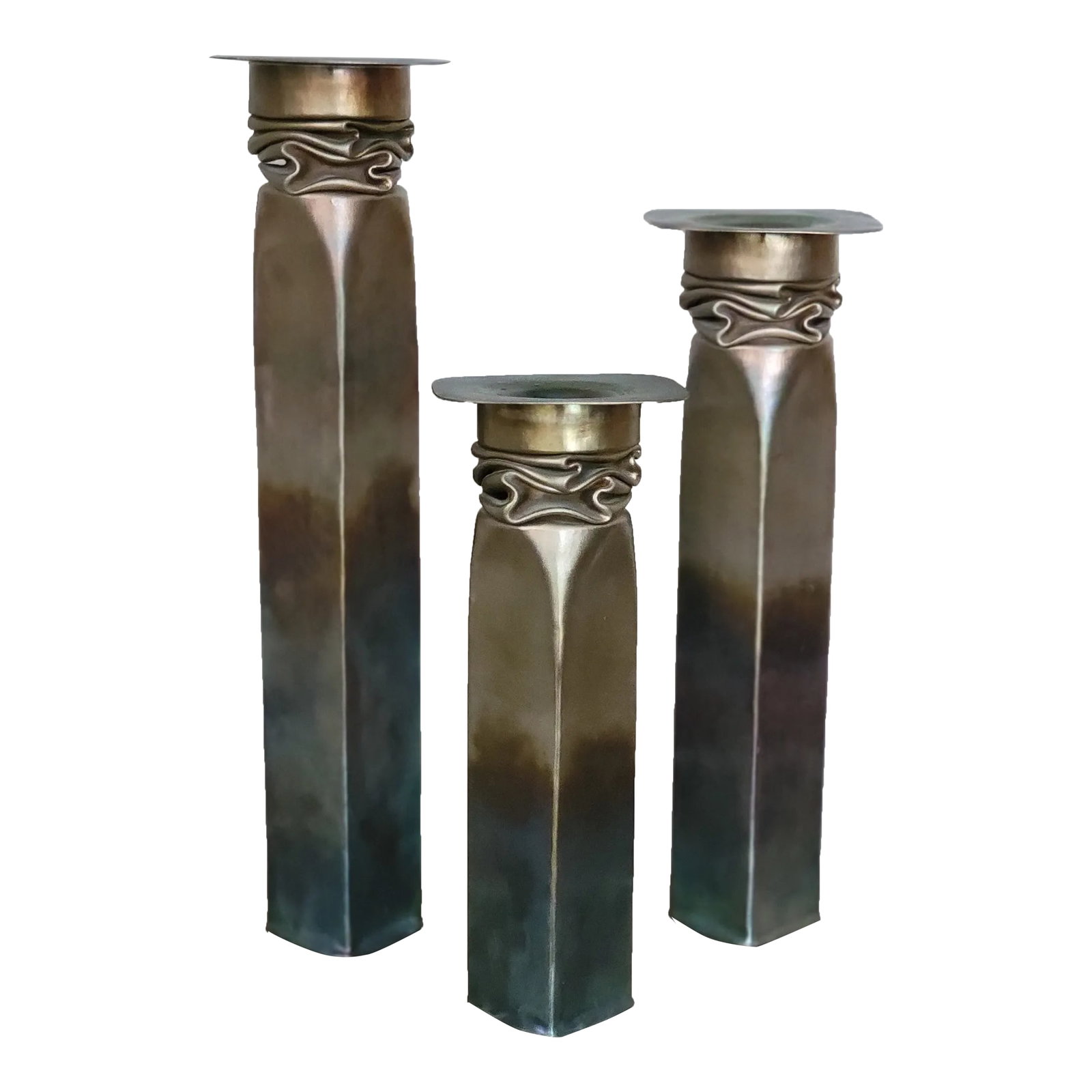 1990s Thomas Roy Markusen Modern Brutalist Hand Forged Copper Candle Holders With Pewter Oxide Finis: Thomas Roy Markusen is an American postwar and contemporary artist who was born in 1940. He is known for his handwrought metal ware. During the past three decades, he has established himself using