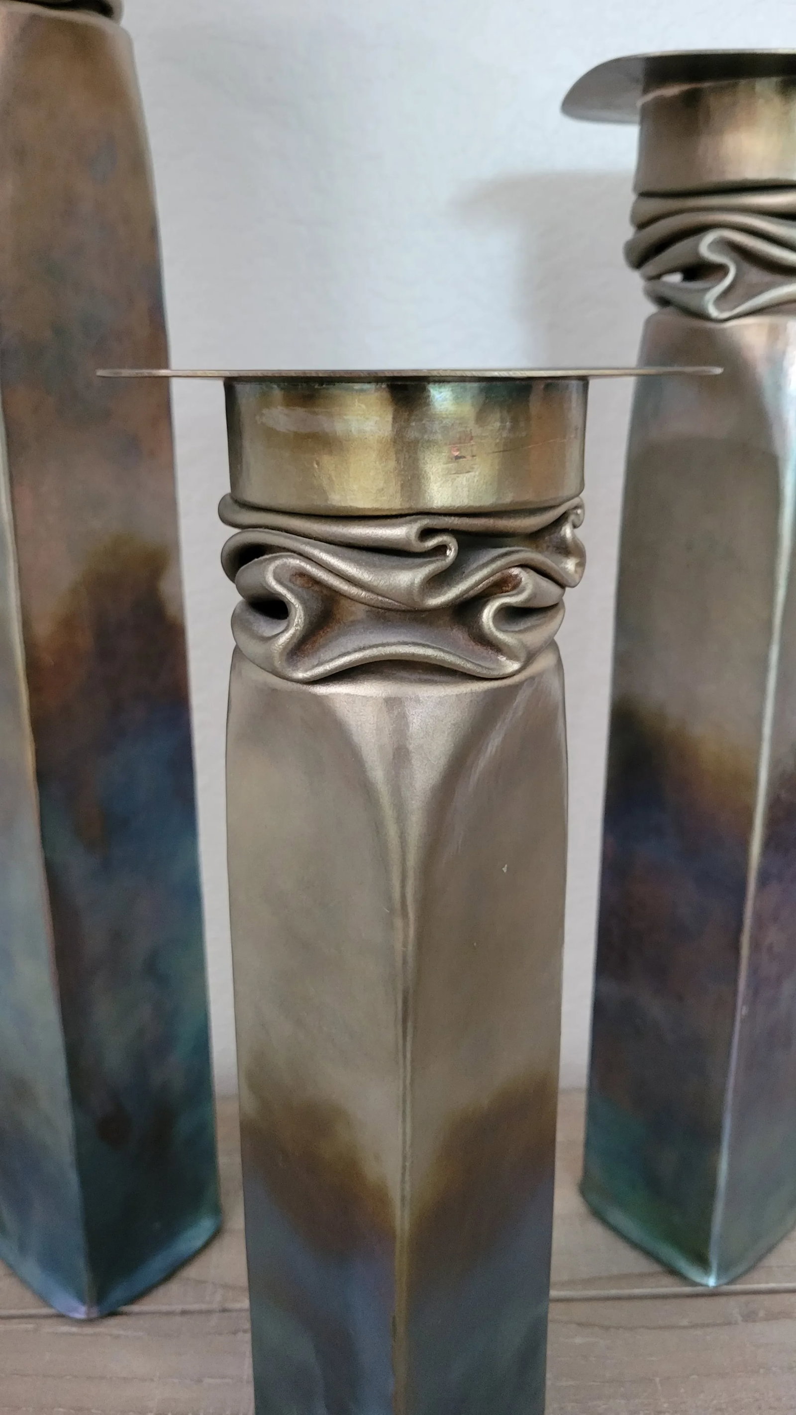 1990s Thomas Roy Markusen Modern Brutalist Hand Forged Copper Candle Holders With Pewter Oxide Finis - 4