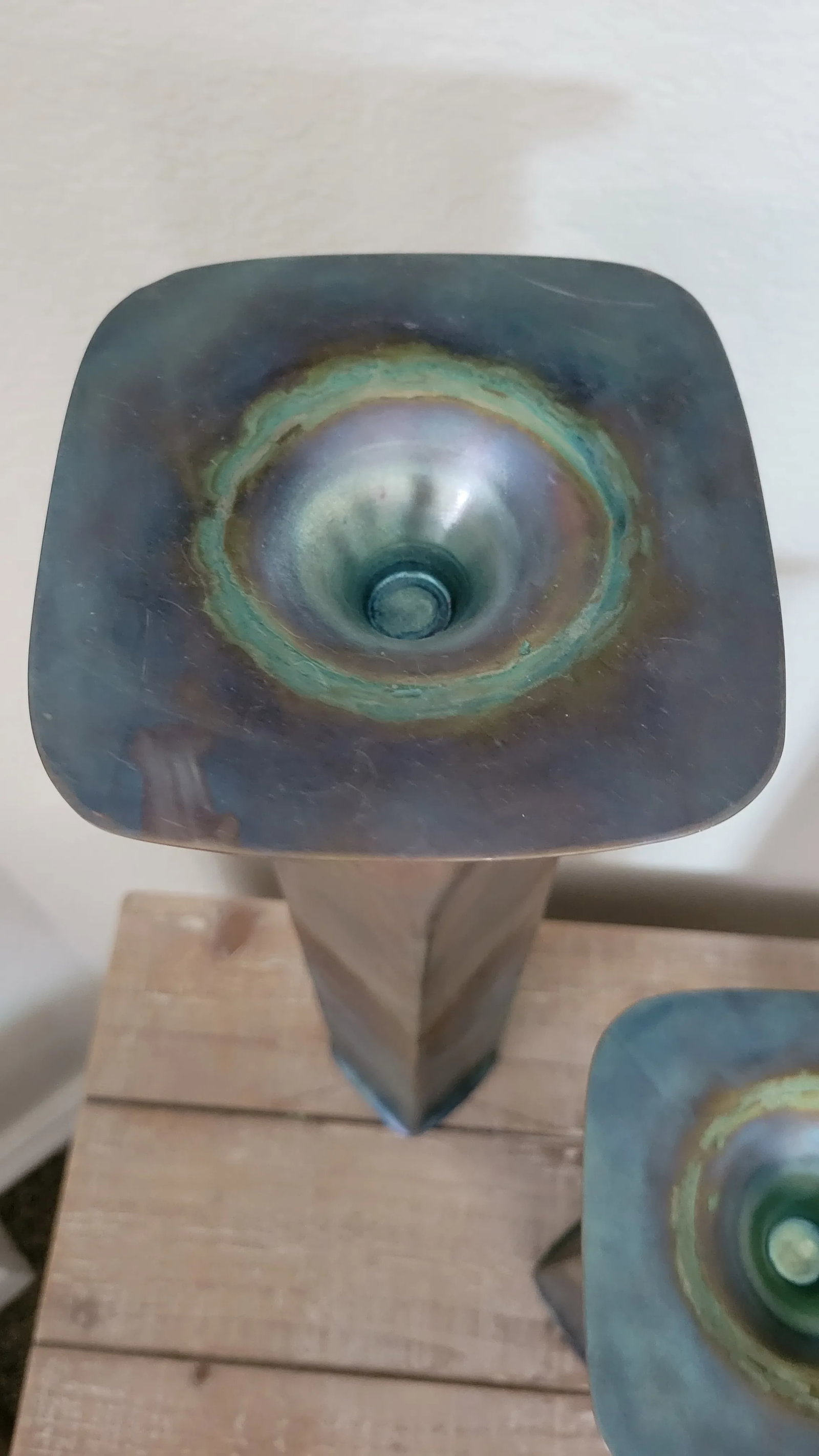 1990s Thomas Roy Markusen Modern Brutalist Hand Forged Copper Candle Holders With Pewter Oxide Finis - 6
