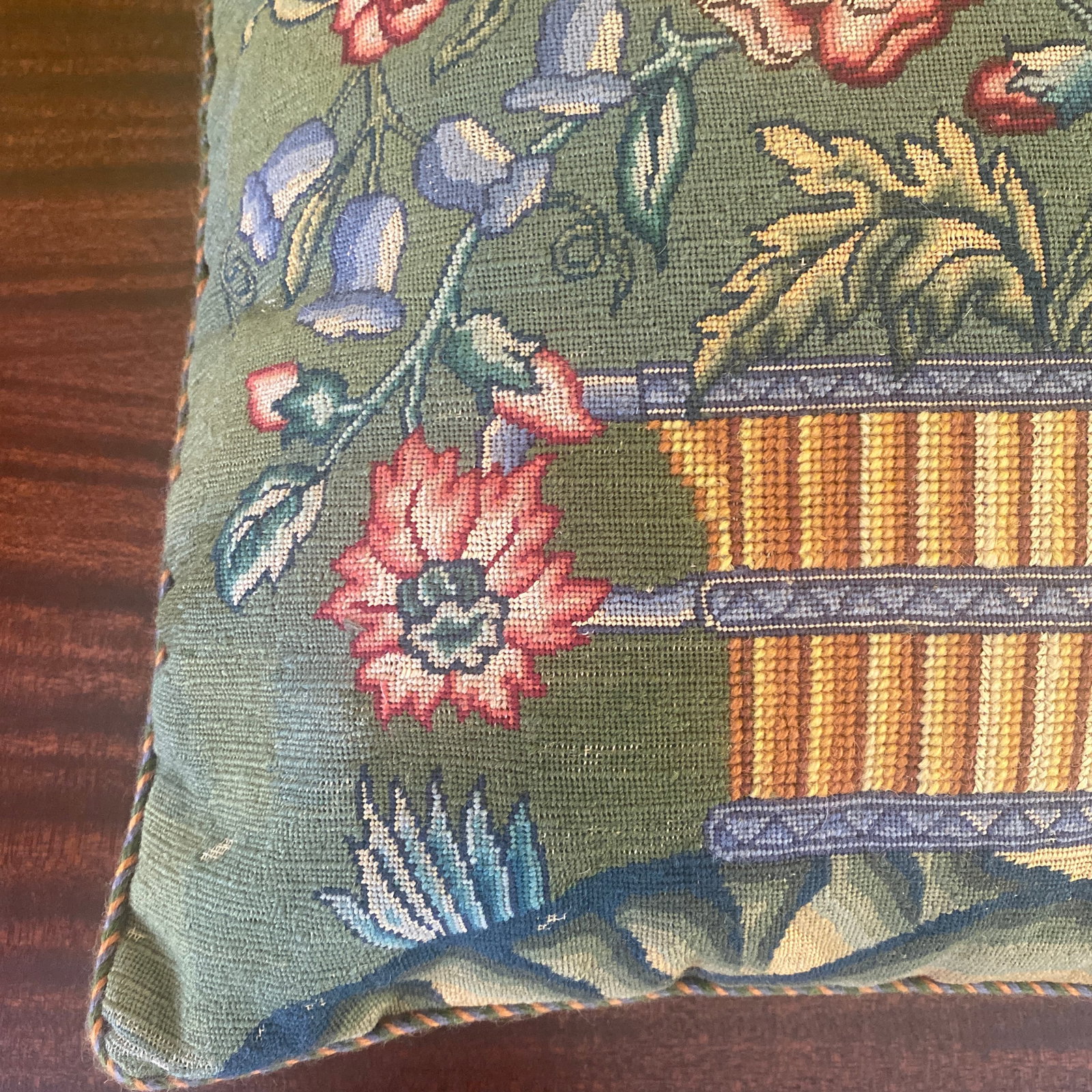 20th Century English Floral Cachepot Needlepoint Pillow - 7