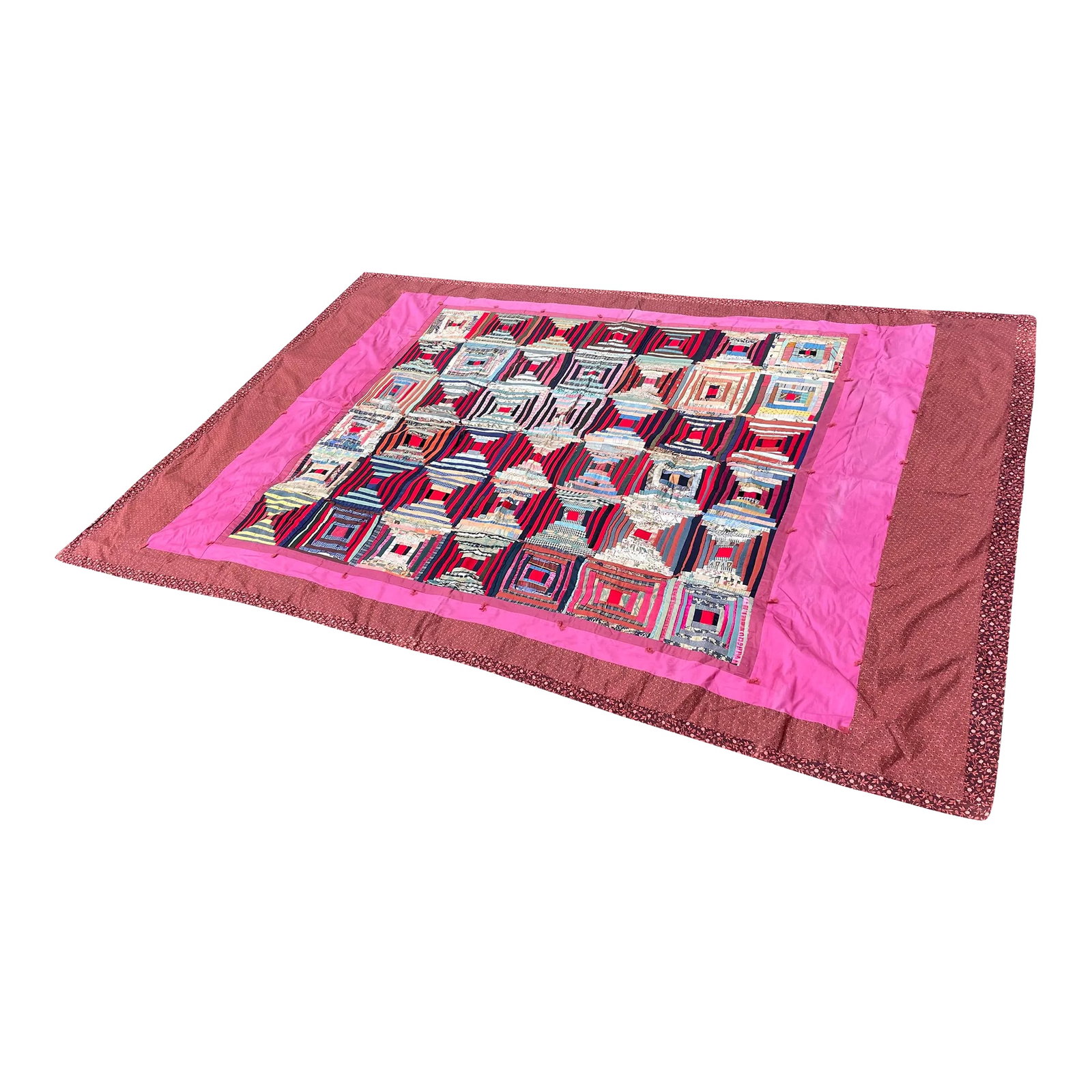 Antique Victorian Patchwork Log Cabin Quilt: A log cabin or "contained" crazy quilt with great fabrics, dating from the late 1800s or early 1900s. At 8.5 ft by 5.8 ft, this is a large example. Condition: Alterations: Original Condition Unaltered