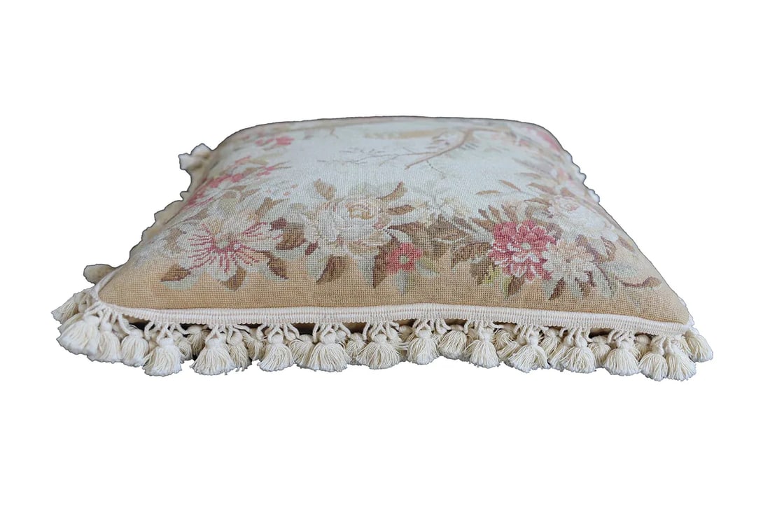 Square Pillow | Cream Floral Needlepoint Deorative Wool Pillow - 2