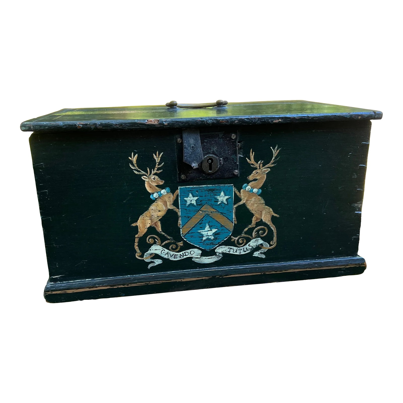 Early 19th Century Antique Wooden Painted Black Box With Deer Crest: English Antique painted box with deer crest, imported from England in the late 90's, circa 1820. The Wind Rose was a Greensboro, NC. premier importer of decorative objects from both England and France